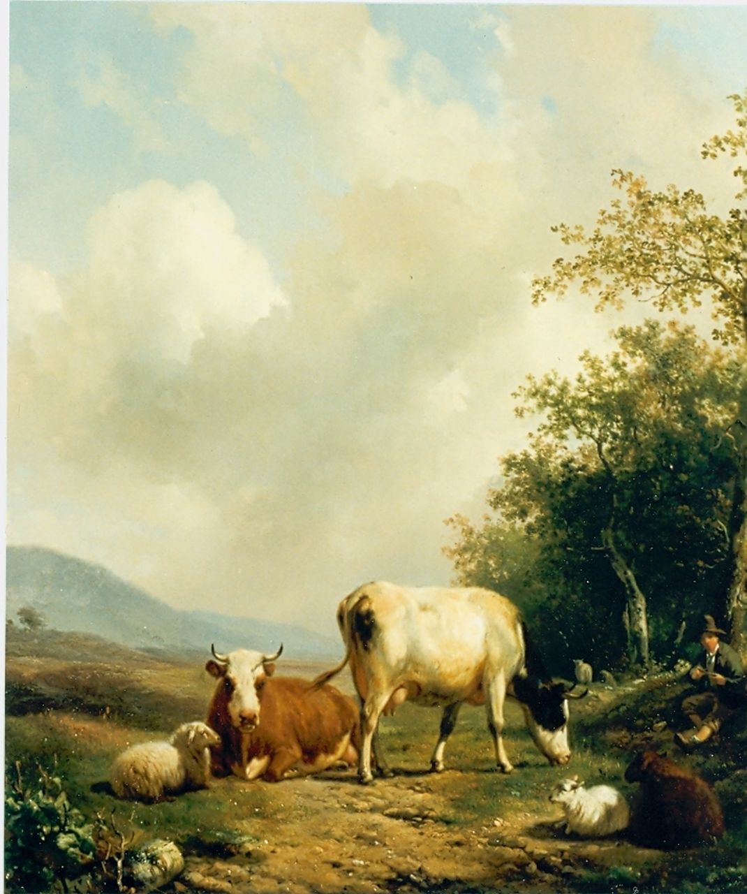 Sande Bakhuyzen H. van de | Hendrikus van de Sande Bakhuyzen, Herder met zijn kudde, olieverf op paneel 52,0 x 46,0 cm, gesigneerd linksonder Sande Bakhuyzen H. van de | Hendrikus van de Sande Bakhuyzen, Herder met zijn kudde, olieverf op paneel 52,0 x 46,0 cm, gesigneerd linksonder