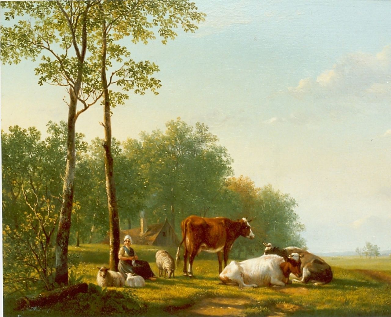 Sande Bakhuyzen H. van de | Hendrikus van de Sande Bakhuyzen, Landschap met boerin en vee, olieverf op paneel Sande Bakhuyzen H. van de | Hendrikus van de Sande Bakhuyzen, Landschap met boerin en vee, olieverf op paneel
