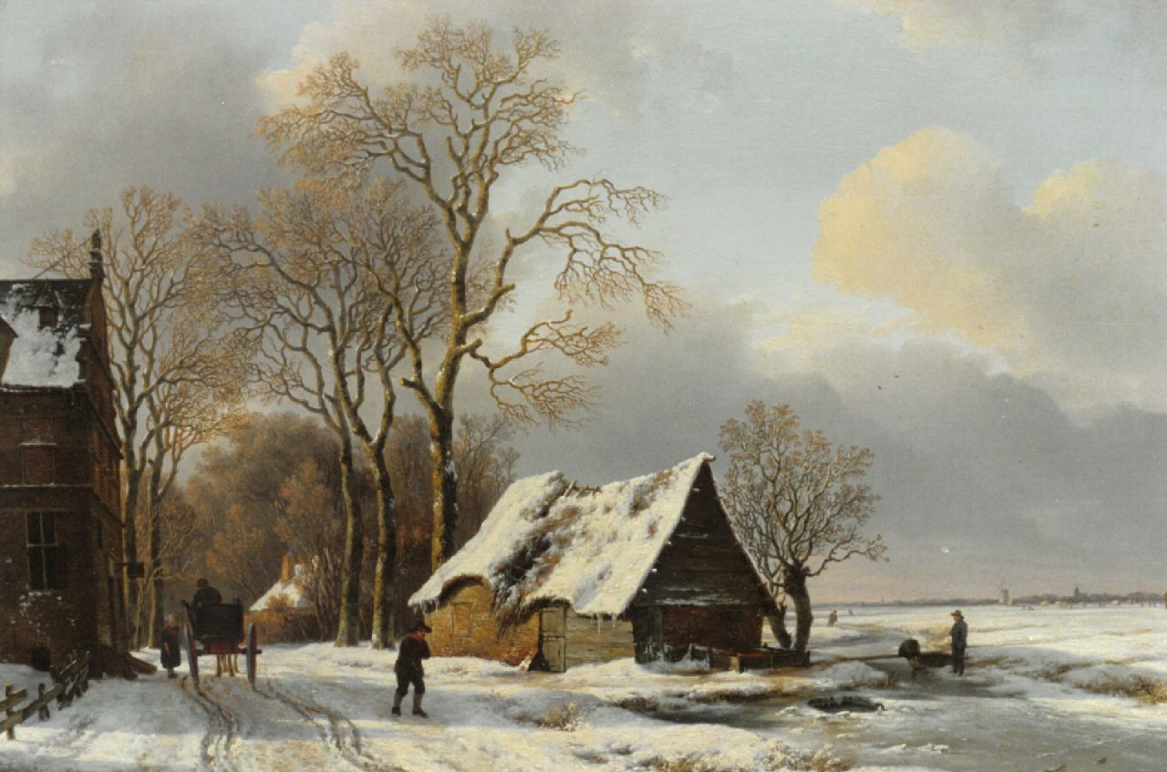 Schelfhout A. | Andreas Schelfhout, Figuren in een winterlandschap met links huizen, olieverf op paneel 63,0 x 79,0 cm Schelfhout A. | Andreas Schelfhout, Figuren in een winterlandschap met links huizen, olieverf op paneel 63,0 x 79,0 cm