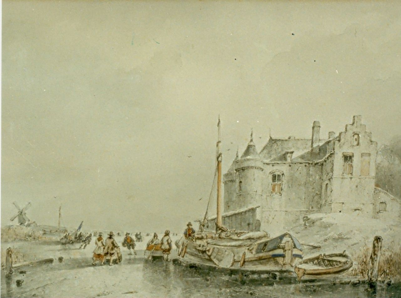 Schelfhout A. | Andreas Schelfhout, Winterscène, aquarel op papier 27,5 x 39,0 cm, gesigneerd rechtsonder Schelfhout A. | Andreas Schelfhout, Winterscène, aquarel op papier 27,5 x 39,0 cm, gesigneerd rechtsonder