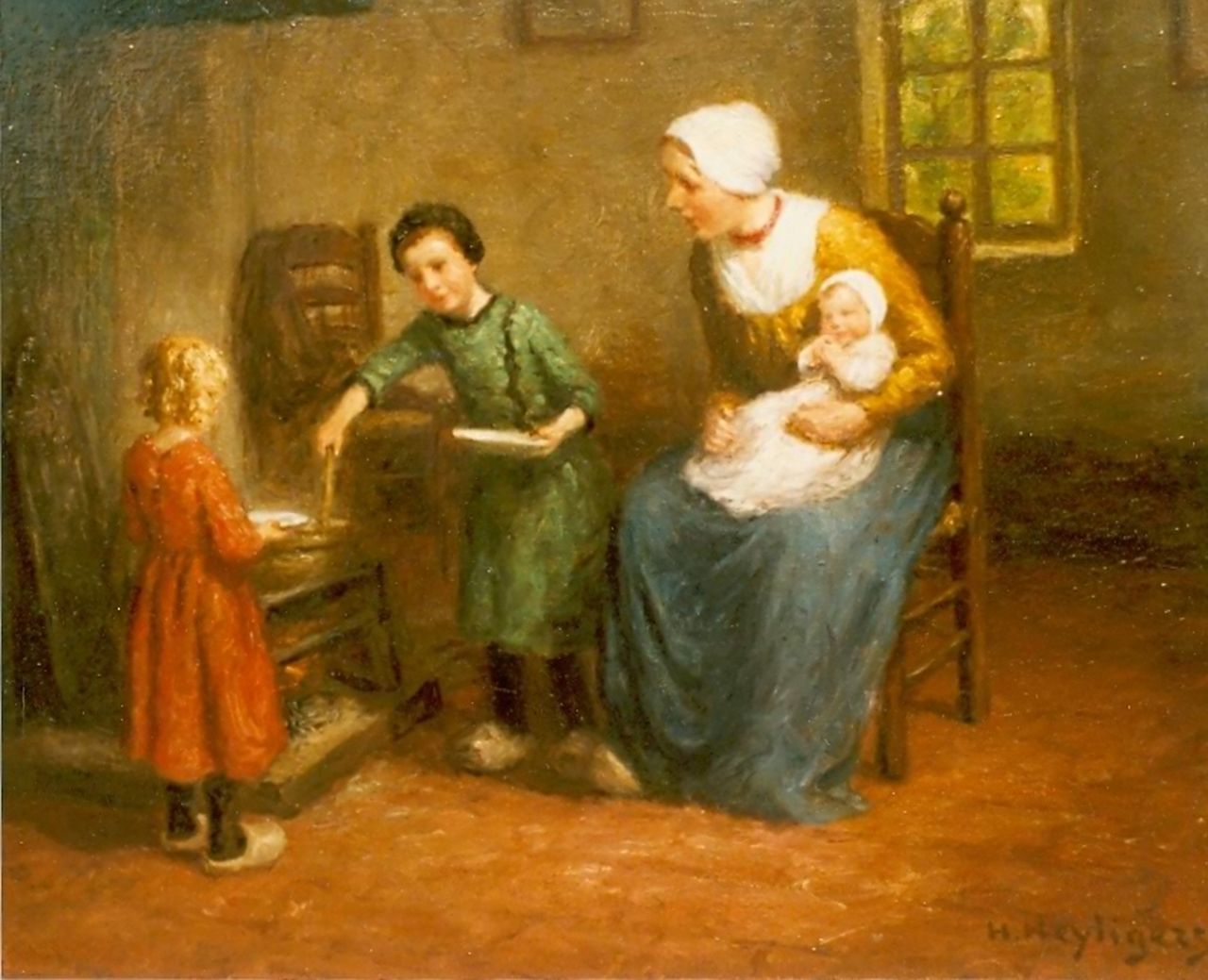 Heijligers H. | Hendrik 'Henri' Heijligers, Interieur met moeder en kind, olieverf op doek 45,5 x 54,5 cm, gesigneerd rechtsonder Heijligers H. | Hendrik 'Henri' Heijligers, Interieur met moeder en kind, olieverf op doek 45,5 x 54,5 cm, gesigneerd rechtsonder