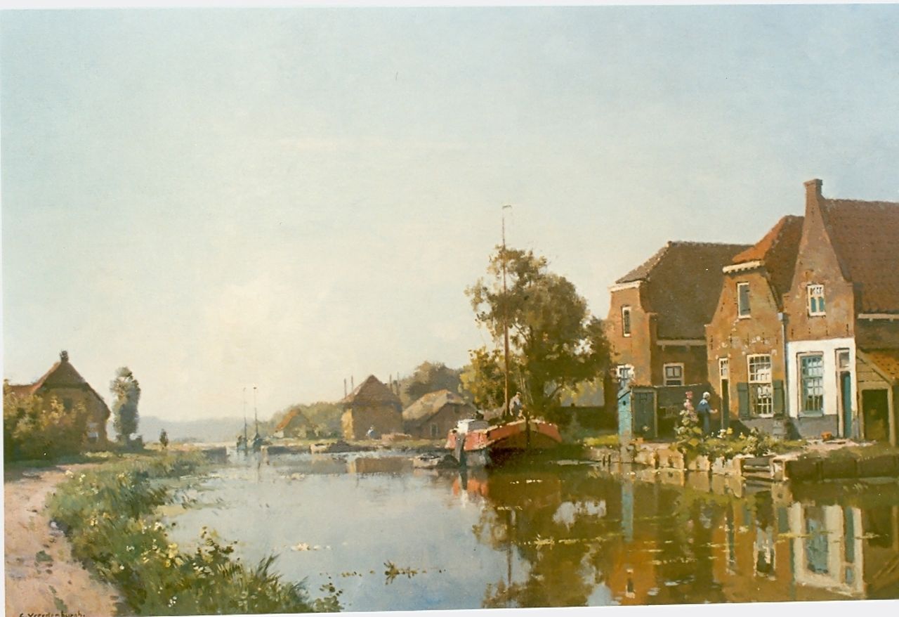 Vreedenburgh C. | Cornelis Vreedenburgh, Rivierlandschap met afgemeerde tjalk voor boerderijen, olieverf op doek 58,5 x 88,0 cm, gesigneerd linksonder Vreedenburgh C. | Cornelis Vreedenburgh, Rivierlandschap met afgemeerde tjalk voor boerderijen, olieverf op doek 58,5 x 88,0 cm, gesigneerd linksonder