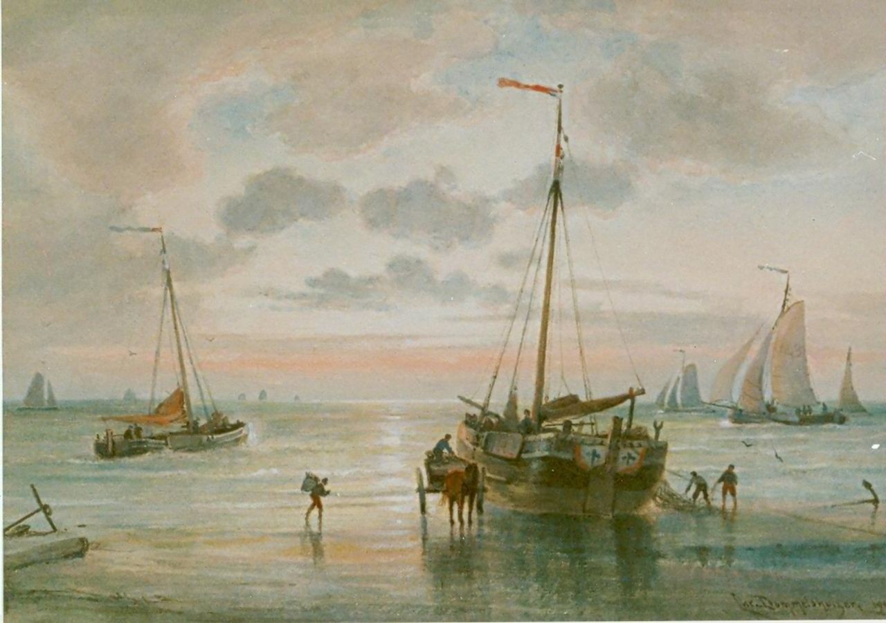 Dommelshuizen C.C. | Cornelis Christiaan Dommelshuizen, Botters op het strand, aquarel op papier 28,1 x 39,0 cm, gesigneerd rechtsonder en gedateerd 1905 Dommelshuizen C.C. | Cornelis Christiaan Dommelshuizen, Botters op het strand, aquarel op papier 28,1 x 39,0 cm, gesigneerd rechtsonder en gedateerd 1905