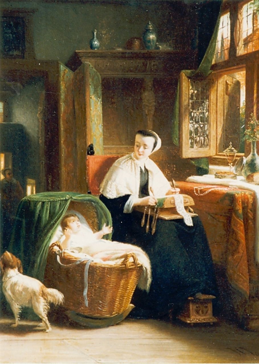 Vaarberg J.C. | Joannes Christoffel Vaarberg, Interieur van klantklossende vrouw en haar baby, olieverf op paneel 35,5 x 28,0 cm, gesigneerd rechtsonder en gedateerd '60 Vaarberg J.C. | Joannes Christoffel Vaarberg, Interieur van klantklossende vrouw en haar baby, olieverf op paneel 35,5 x 28,0 cm, gesigneerd rechtsonder en gedateerd '60