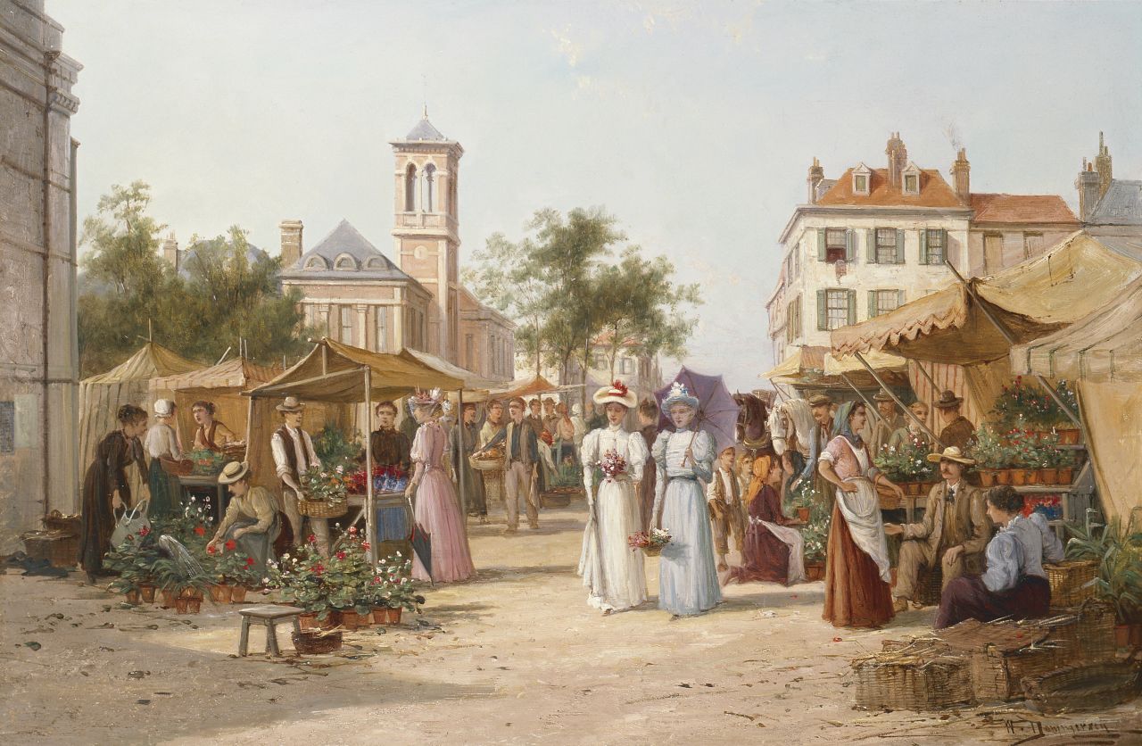 Dommerson W.R.  | William Raymond Dommerson, Elegante dames op Limburgse bloemenmarkt, olieverf op doek 50,7 x 76,3 cm, gesigneerd rechtsonder