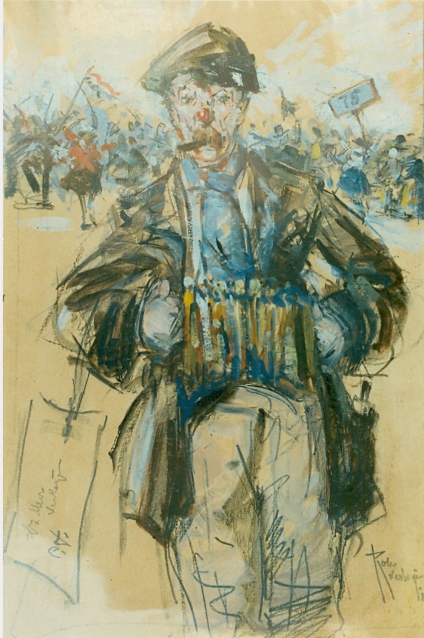Verheijen R.F. | 'Robert' Ferdinand Verheijen, De straatmuzikant, pastel en krijt op papier 31,0 x 19,0 cm, gesigneerd rechtsonder Verheijen R.F. | 'Robert' Ferdinand Verheijen, De straatmuzikant, pastel en krijt op papier 31,0 x 19,0 cm, gesigneerd rechtsonder