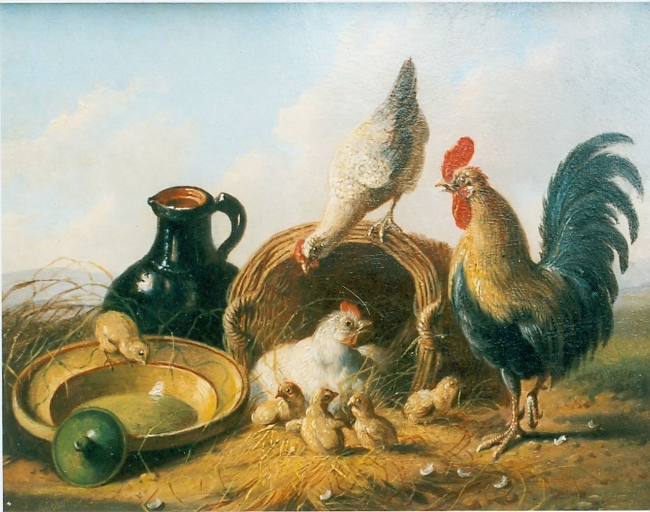 Verhoesen A. | Albertus Verhoesen, Kippen familie bij keukengerei, olieverf op paneel 15,0 x 19,0 cm, gesigneerd linksonder Verhoesen A. | Albertus Verhoesen, Kippen familie bij keukengerei, olieverf op paneel 15,0 x 19,0 cm, gesigneerd linksonder