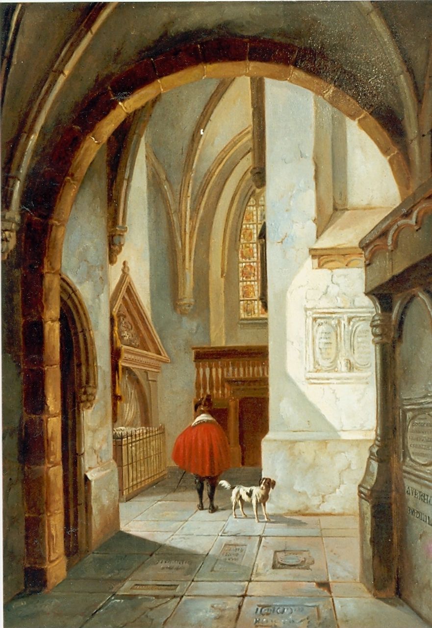 Verhoesen A. | Albertus Verhoesen, Kerkinterieur met man en hond, olieverf op paneel 33,8 x 26,0 cm, gesigneerd rechtsonder en gedateerd 1859 Verhoesen A. | Albertus Verhoesen, Kerkinterieur met man en hond, olieverf op paneel 33,8 x 26,0 cm, gesigneerd rechtsonder en gedateerd 1859