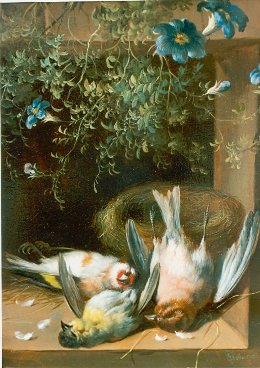 Verhoesen A. | Albertus Verhoesen, Stilleven van zangvogeltje, nestje en bloemen, olieverf op paneel 27,0 x 20,2 cm, gesigneerd rechtsonder Verhoesen A. | Albertus Verhoesen, Stilleven van zangvogeltje, nestje en bloemen, olieverf op paneel 27,0 x 20,2 cm, gesigneerd rechtsonder