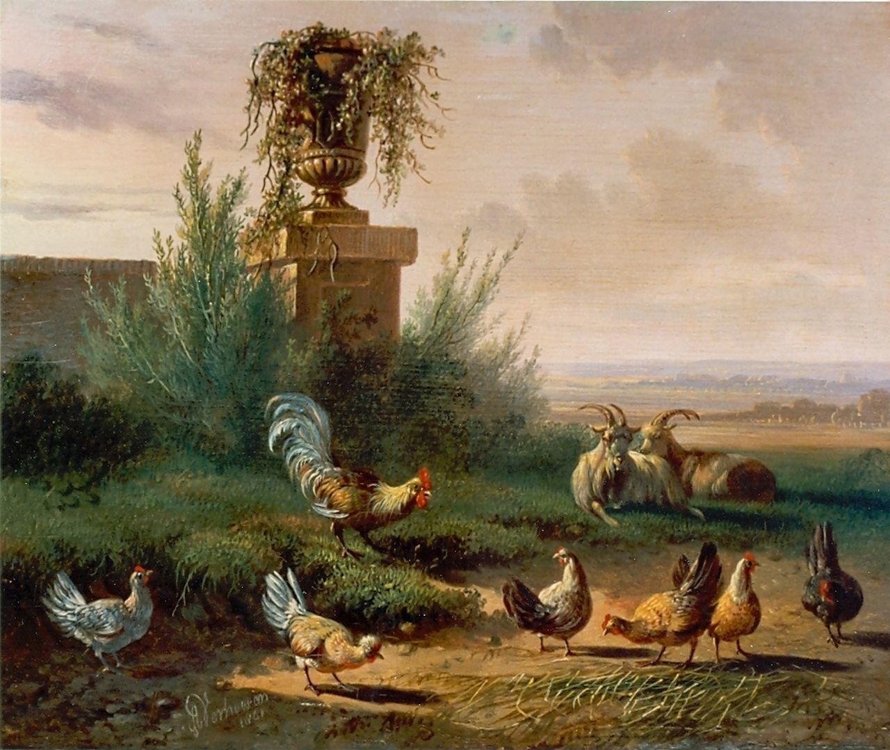 Verhoesen A. | Albertus Verhoesen, Kippen en bokken in de weide, olieverf op paneel 18,0 x 22,1 cm, gesigneerd linksonder en gedateerd 1861 Verhoesen A. | Albertus Verhoesen, Kippen en bokken in de weide, olieverf op paneel 18,0 x 22,1 cm, gesigneerd linksonder en gedateerd 1861