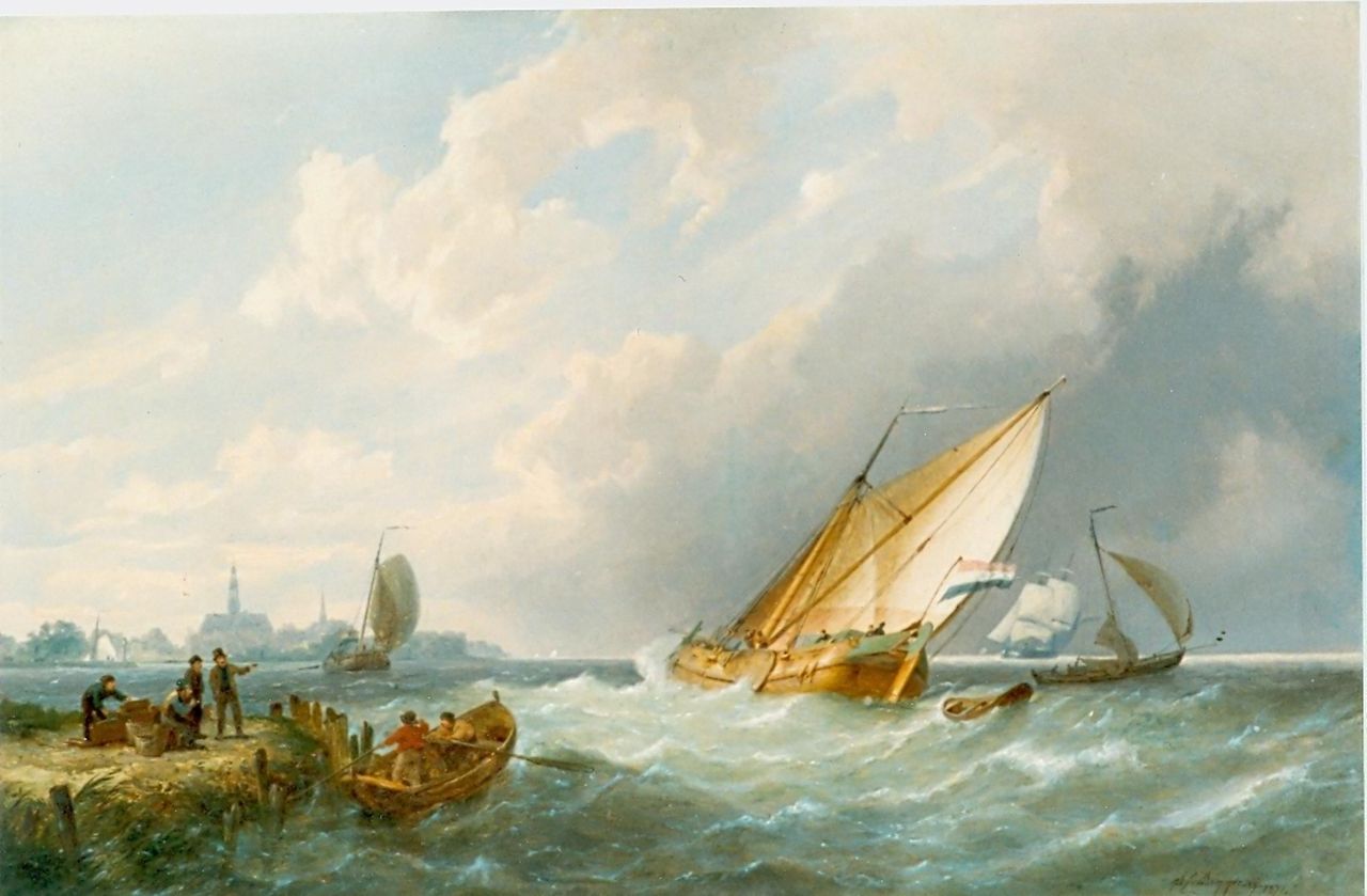 Dommershuijzen P.C. | Pieter Cornelis Dommershuijzen, Zeilboten langs de Hollandse kust, olieverf op paneel 40,8 x 61,0 cm, gesigneerd rechtsonder en gedateerd 1871 Dommershuijzen P.C. | Pieter Cornelis Dommershuijzen, Zeilboten langs de Hollandse kust, olieverf op paneel 40,8 x 61,0 cm, gesigneerd rechtsonder en gedateerd 1871