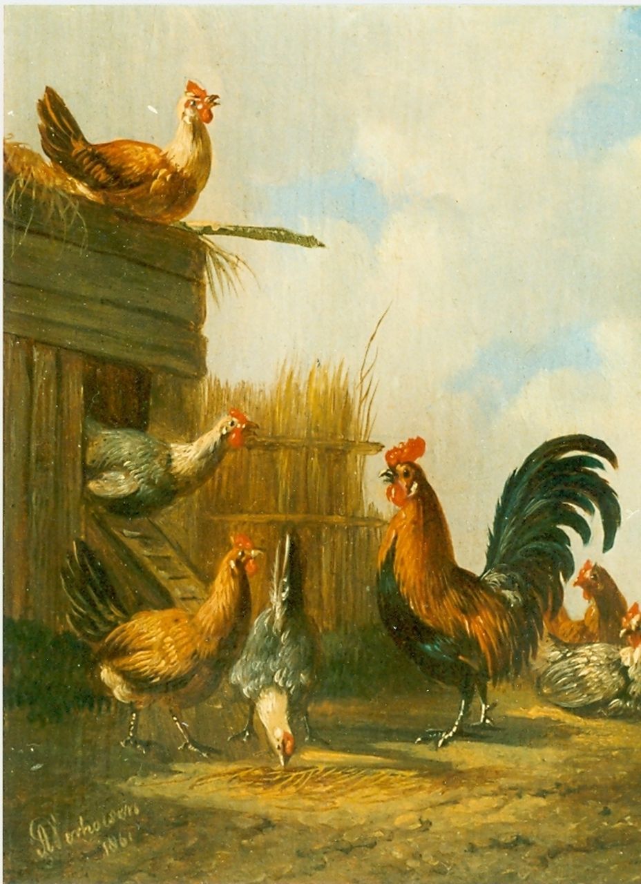 Verhoesen A. | Albertus Verhoesen, Kippen en haan bij een kippenhok, olieverf op paneel 12,7 x 10,4 cm, gesigneerd linksonder Verhoesen A. | Albertus Verhoesen, Kippen en haan bij een kippenhok, olieverf op paneel 12,7 x 10,4 cm, gesigneerd linksonder