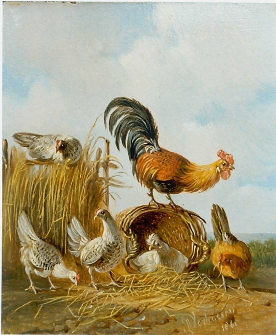 Verhoesen A. | Albertus Verhoesen, Haan met zijn kippen, olieverf op paneel 12,5 x 10,2 cm, gesigneerd rechtsonder en gedateerd 1861 Verhoesen A. | Albertus Verhoesen, Haan met zijn kippen, olieverf op paneel 12,5 x 10,2 cm, gesigneerd rechtsonder en gedateerd 1861