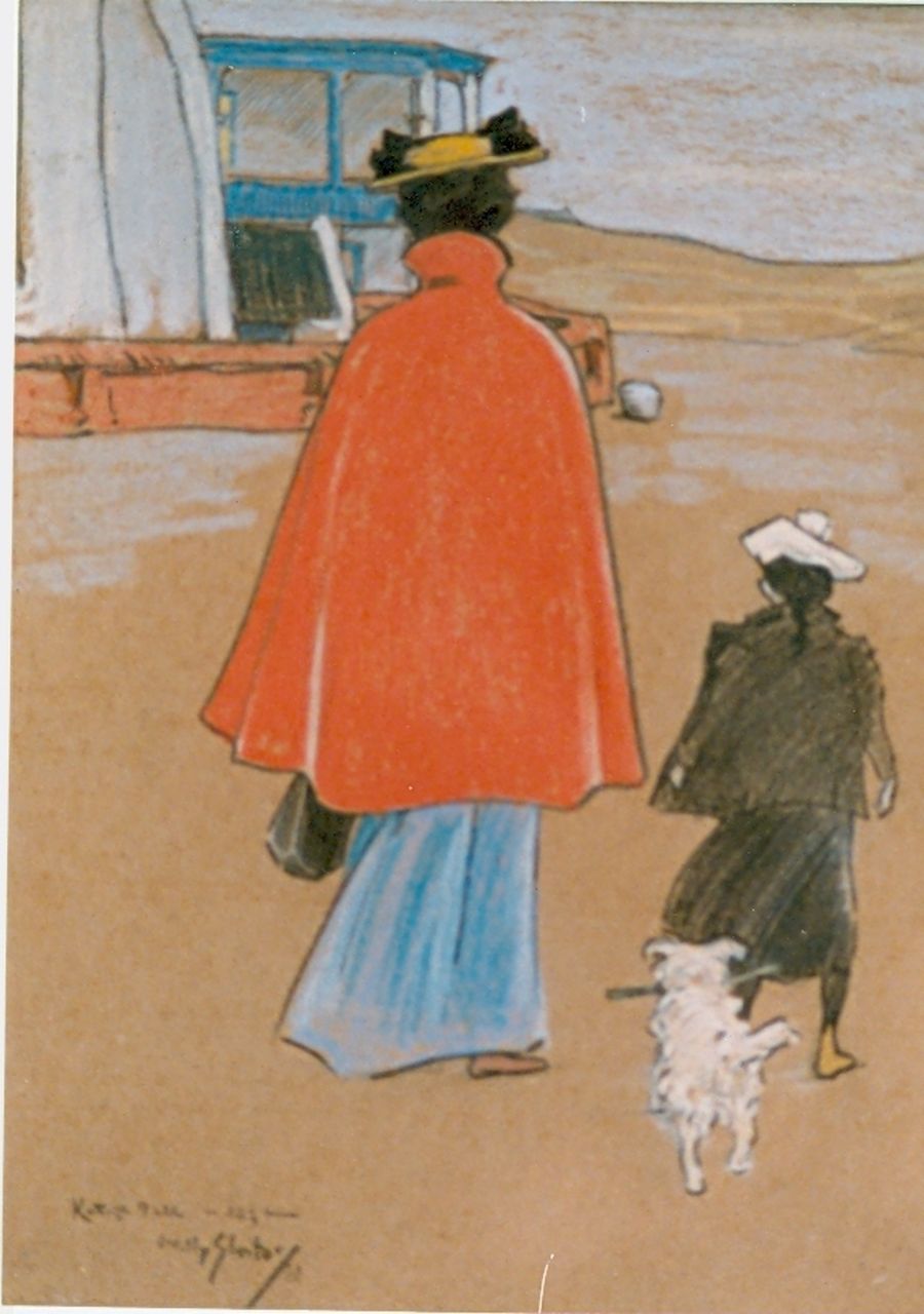Sluiter J.W.  | Jan Willem 'Willy' Sluiter, Tante Jo, Ther. Bl. en Keff op strand in Katwijk, tekening op papier 28,2 x 22,0 cm, gesigneerd linksonder en gedateerd '01