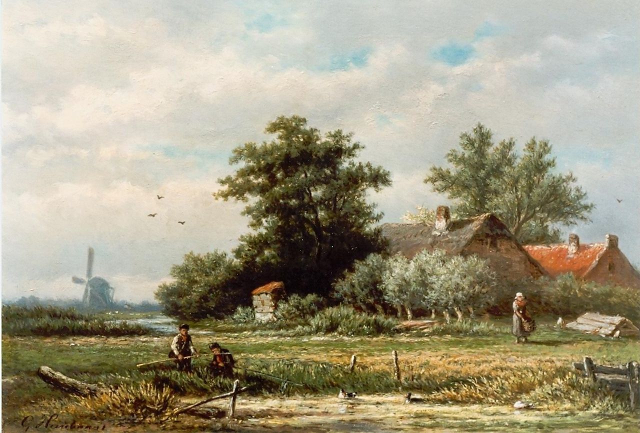 Heerebaart G. | Georgius Heerebaart, Vissers bij boerensloot, olieverf op paneel 25,0 x 35,0 cm, gesigneerd linksonder Heerebaart G. | Georgius Heerebaart, Vissers bij boerensloot, olieverf op paneel 25,0 x 35,0 cm, gesigneerd linksonder