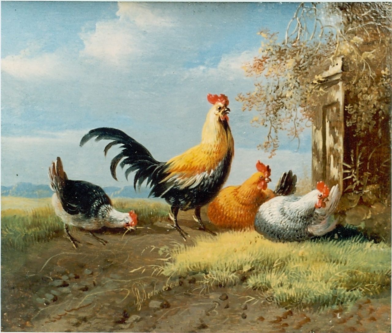 Verhoesen A. | Albertus Verhoesen, Nieuwsgierige kippen, olieverf op paneel 11,3 x 13,2 cm, gesigneerd linksonder Verhoesen A. | Albertus Verhoesen, Nieuwsgierige kippen, olieverf op paneel 11,3 x 13,2 cm, gesigneerd linksonder
