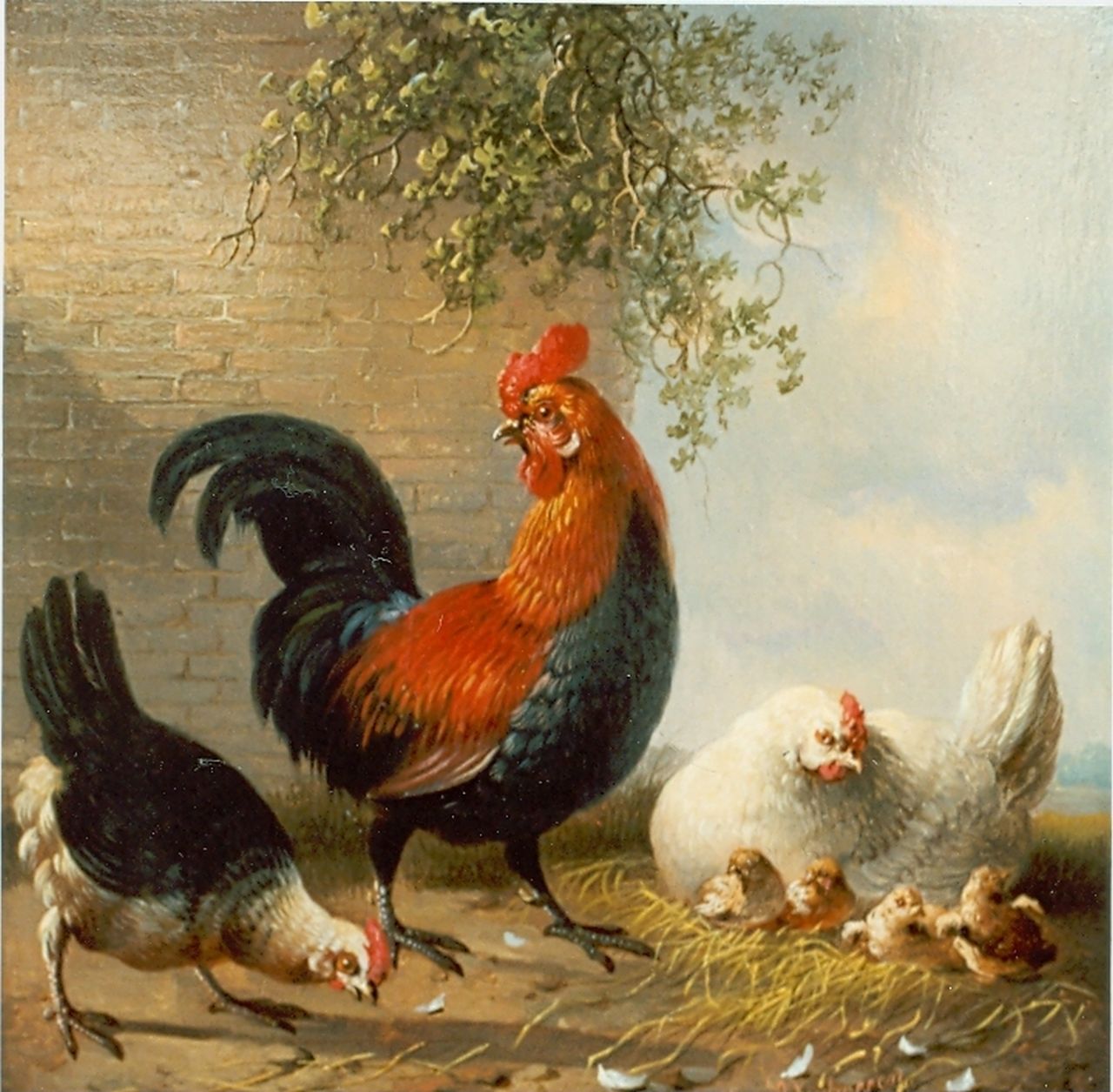 Verhoesen A. | Albertus Verhoesen, Haan en kip met kuikens op een erf, olieverf op paneel 16,5 x 16,5 cm, gesigneerd rechtsonder en gedateerd 1858 Verhoesen A. | Albertus Verhoesen, Haan en kip met kuikens op een erf, olieverf op paneel 16,5 x 16,5 cm, gesigneerd rechtsonder en gedateerd 1858