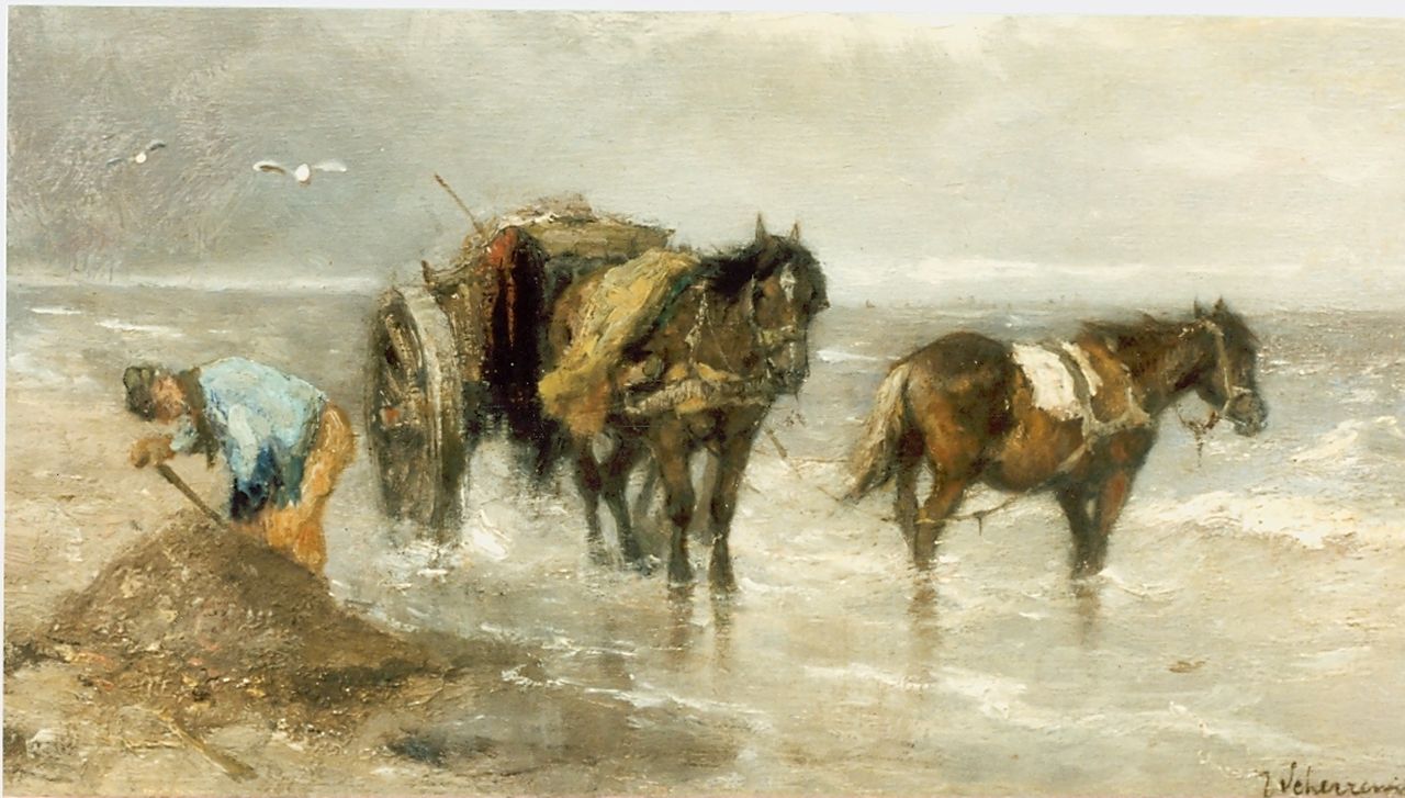 Scherrewitz J.F.C.  | Johan Frederik Cornelis Scherrewitz, Schelpenvisser in de branding, olieverf op paneel 16,7 x 28,7 cm, gesigneerd rechtsonder