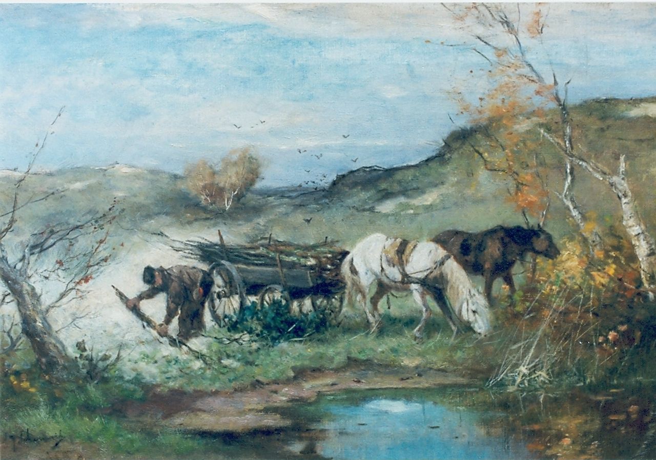 Scherrewitz J.F.C. | Johan Frederik Cornelis Scherrewitz, Sprokkelaar met paarden in de duinen, olieverf op doek 40,5 x 65,0 cm, gesigneerd linksonder Scherrewitz J.F.C. | Johan Frederik Cornelis Scherrewitz, Sprokkelaar met paarden in de duinen, olieverf op doek 40,5 x 65,0 cm, gesigneerd linksonder