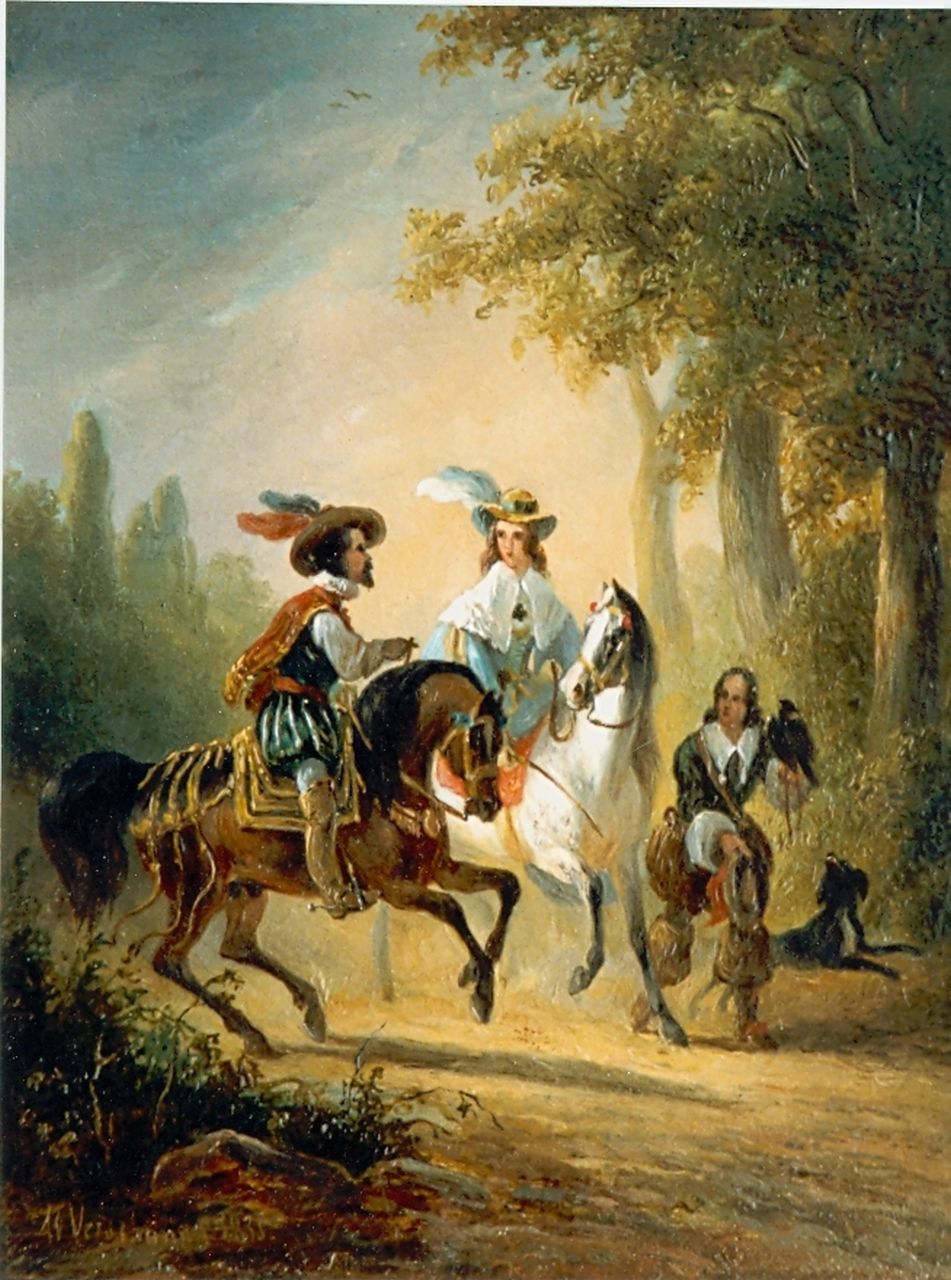Verschuur W.  | Wouterus Verschuur, Valkenjacht, olieverf op paneel 18,0 x 14,5 cm, gesigneerd linksonder