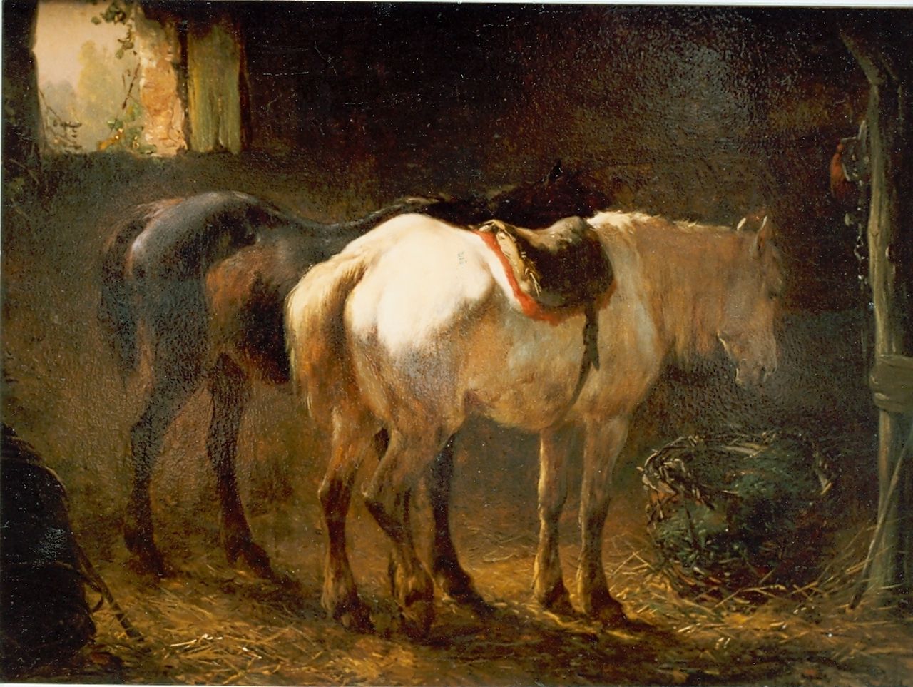 Verschuur W. | Wouterus Verschuur, Stalinterieur met twee paarden, olieverf op doek op paneel 18,1 x 24,2 cm, gesigneerd rechtsonder Verschuur W. | Wouterus Verschuur, Stalinterieur met twee paarden, olieverf op doek op paneel 18,1 x 24,2 cm, gesigneerd rechtsonder