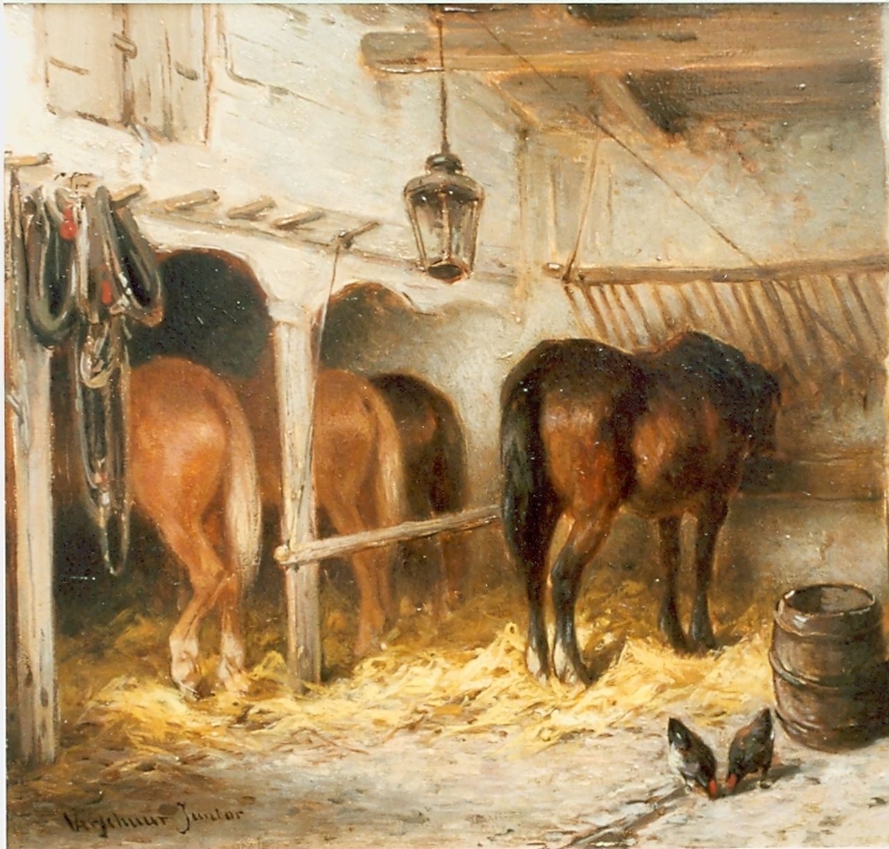Verschuur jr. W. | Wouter Verschuur jr., Paarden in de stal, olieverf op paneel 15,0 x 20,0 cm, gesigneerd linksonder Verschuur jr. W. | Wouter Verschuur jr., Paarden in de stal, olieverf op paneel 15,0 x 20,0 cm, gesigneerd linksonder