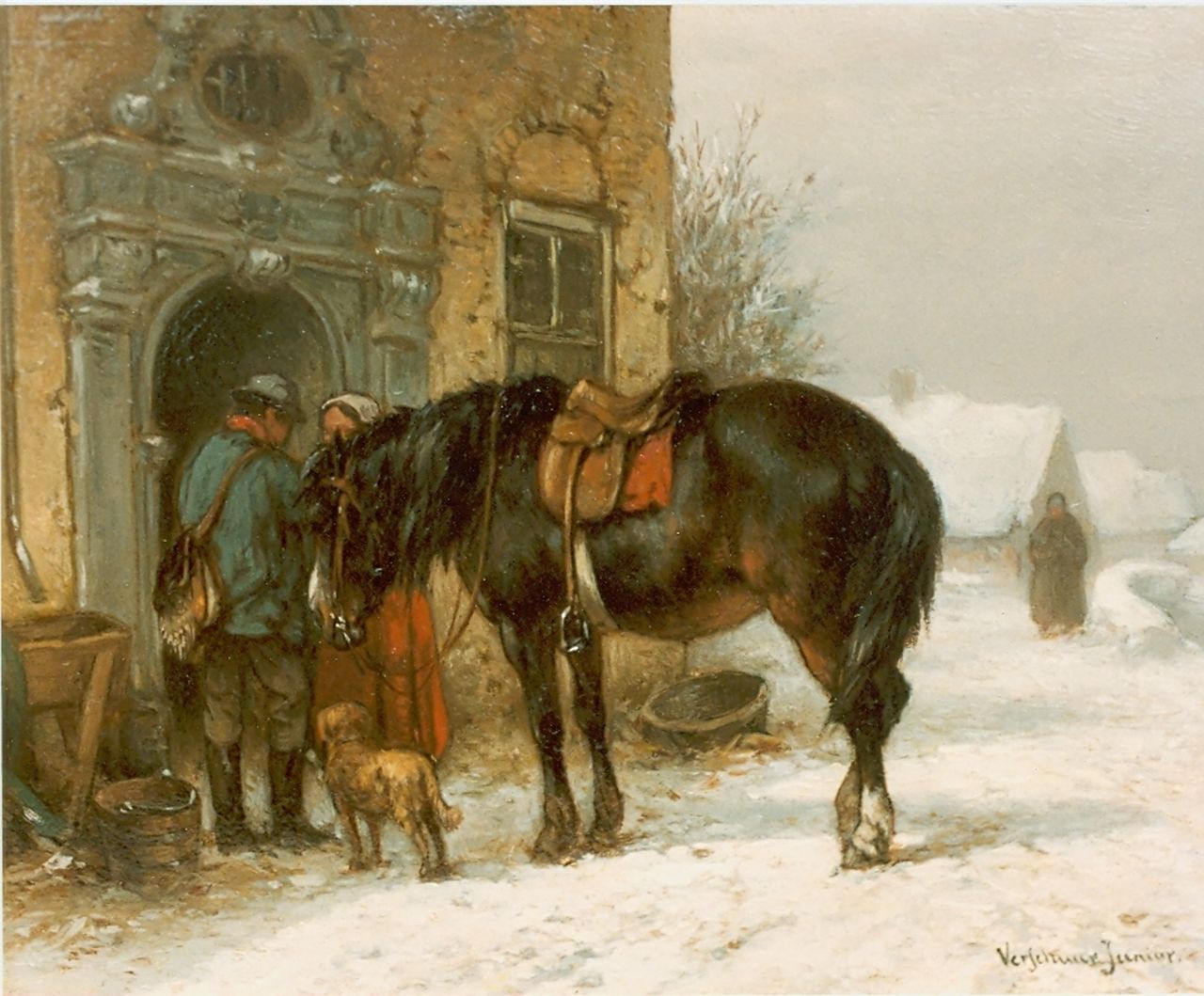 Verschuur jr. W. | Wouter Verschuur jr., Aankomst bij de herberg, olieverf op paneel 14,7 x 19,6 cm, gesigneerd rechtsonder Verschuur jr. W. | Wouter Verschuur jr., Aankomst bij de herberg, olieverf op paneel 14,7 x 19,6 cm, gesigneerd rechtsonder