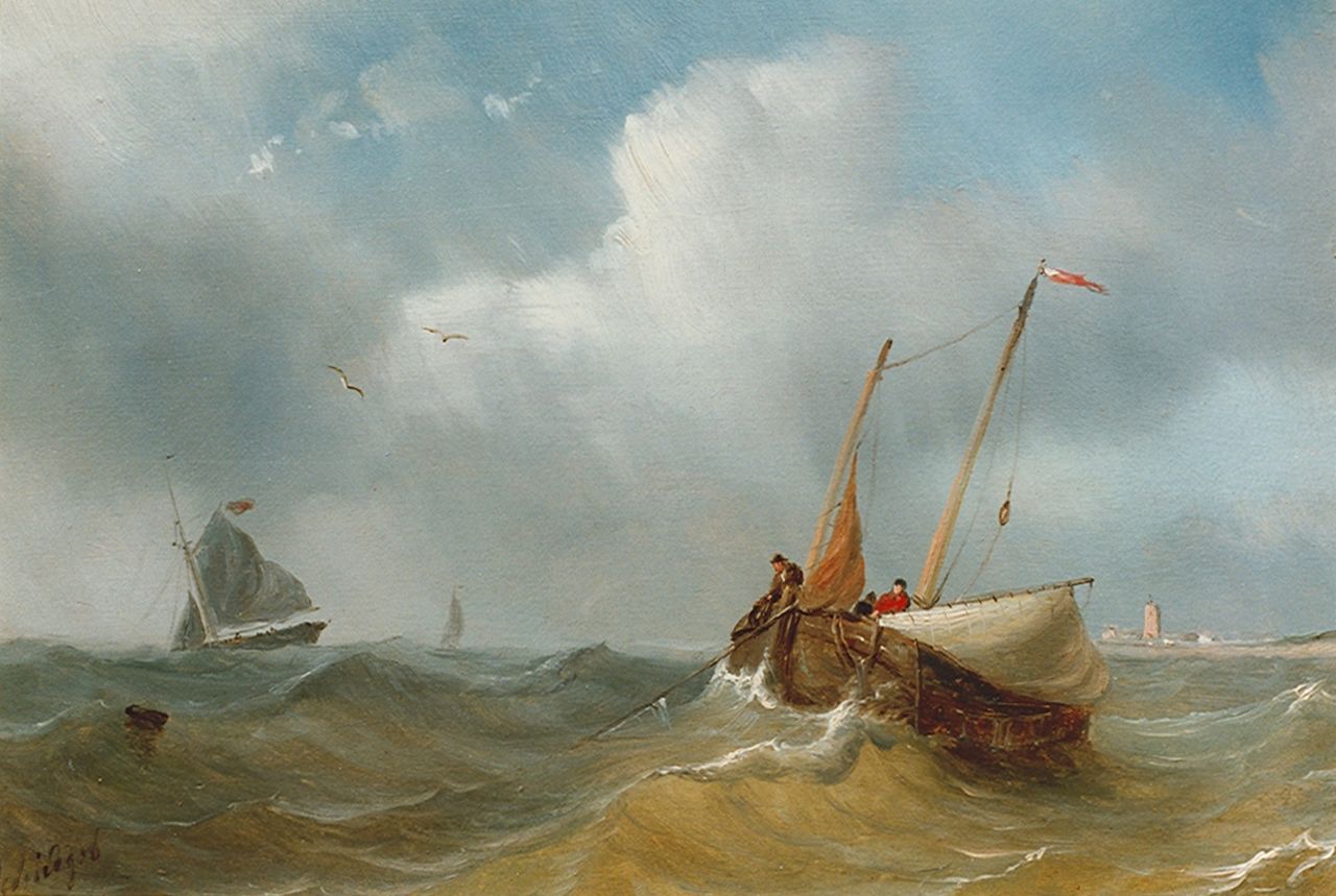 Schiedges P.P. | Petrus Paulus Schiedges, Een bomschuit gaat voor anker, olieverf op paneel 16,2 x 22,8 cm, gesigneerd linksonder Schiedges P.P. | Petrus Paulus Schiedges, Een bomschuit gaat voor anker, olieverf op paneel 16,2 x 22,8 cm, gesigneerd linksonder