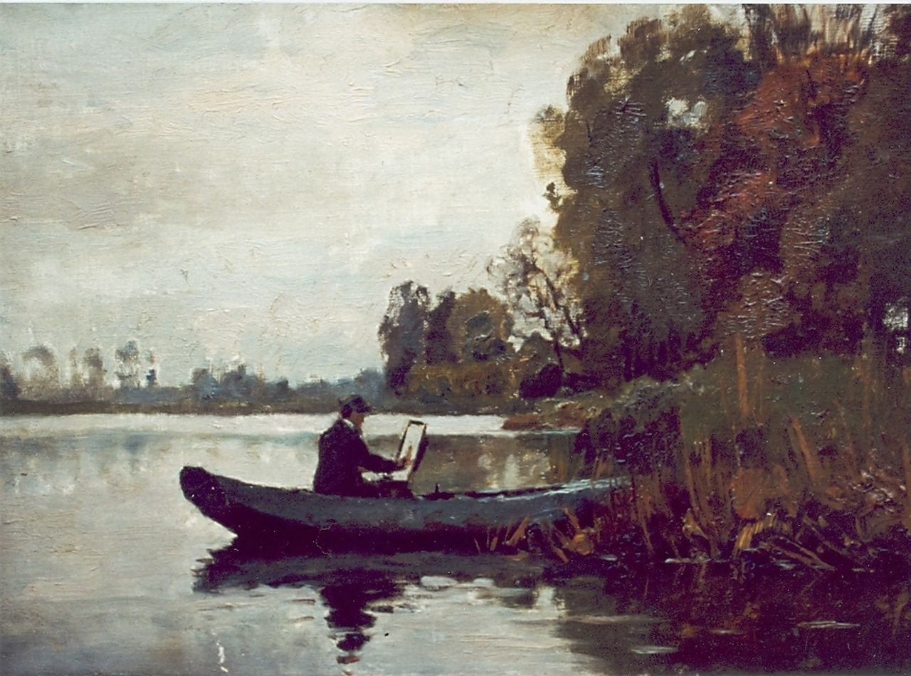 Schiedges P.P. | Petrus Paulus Schiedges, Schilder in een roeiboot, olieverf op doek 32,2 x 46,2 cm, gesigneerd rechtsonder Schiedges P.P. | Petrus Paulus Schiedges, Schilder in een roeiboot, olieverf op doek 32,2 x 46,2 cm, gesigneerd rechtsonder