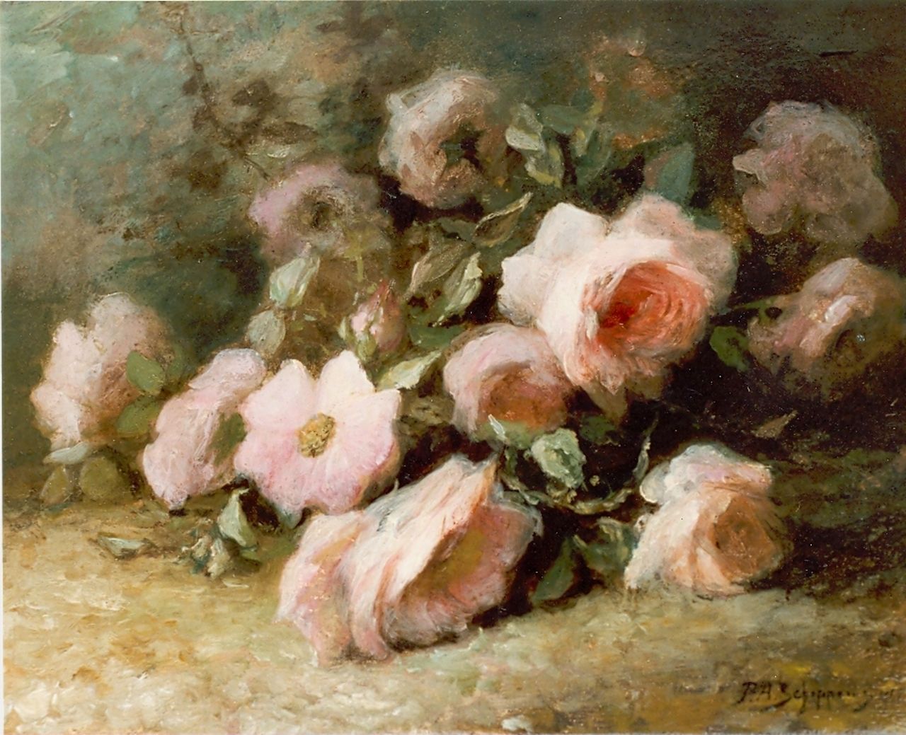 Schipperus P.A.  | Pieter Adrianus 'Piet' Schipperus, Stilleven van roze tuinrozen, olieverf op paneel 29,5 x 38,7 cm, gesigneerd rechtsonder en gesigneerd 1915