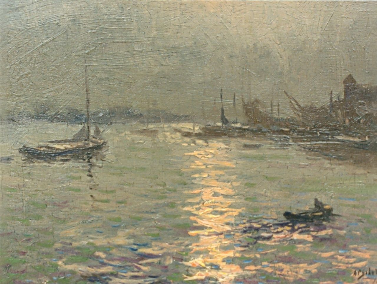 Schotel A.P. | Anthonie Pieter Schotel, Zeilschepen in de haven bij avond, olieverf op paneel 17,9 x 25,1 cm, gesigneerd rechtsonder en gedateerd ' 19 Schotel A.P. | Anthonie Pieter Schotel, Zeilschepen in de haven bij avond, olieverf op paneel 17,9 x 25,1 cm, gesigneerd rechtsonder en gedateerd ' 19