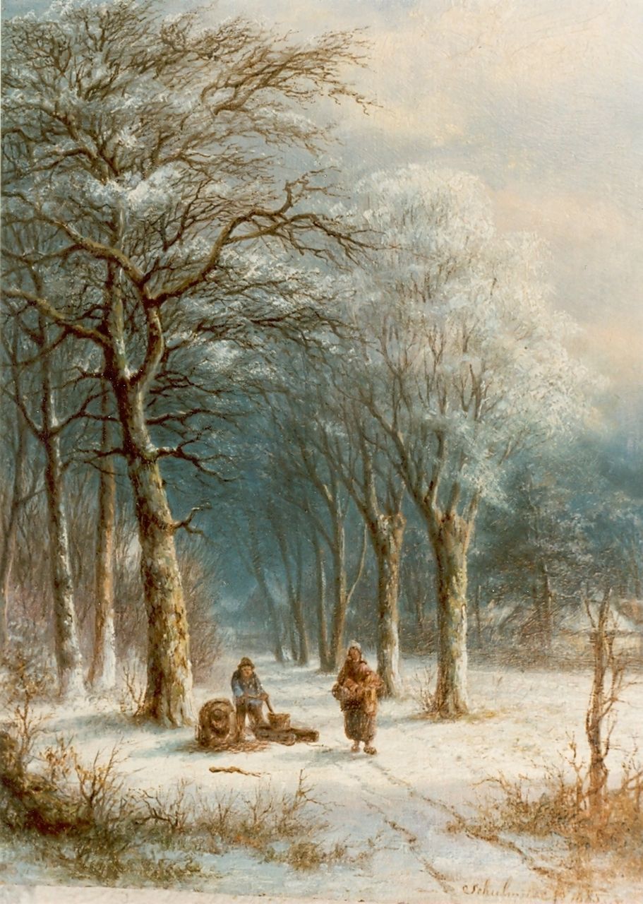 Schulman L. | Lion Schulman, Houtsprokkelaars op winterse bosweg, olieverf op paneel 32,0 x 25,4 cm, gesigneerd rechtsonder en gedateerd 1885 Schulman L. | Lion Schulman, Houtsprokkelaars op winterse bosweg, olieverf op paneel 32,0 x 25,4 cm, gesigneerd rechtsonder en gedateerd 1885