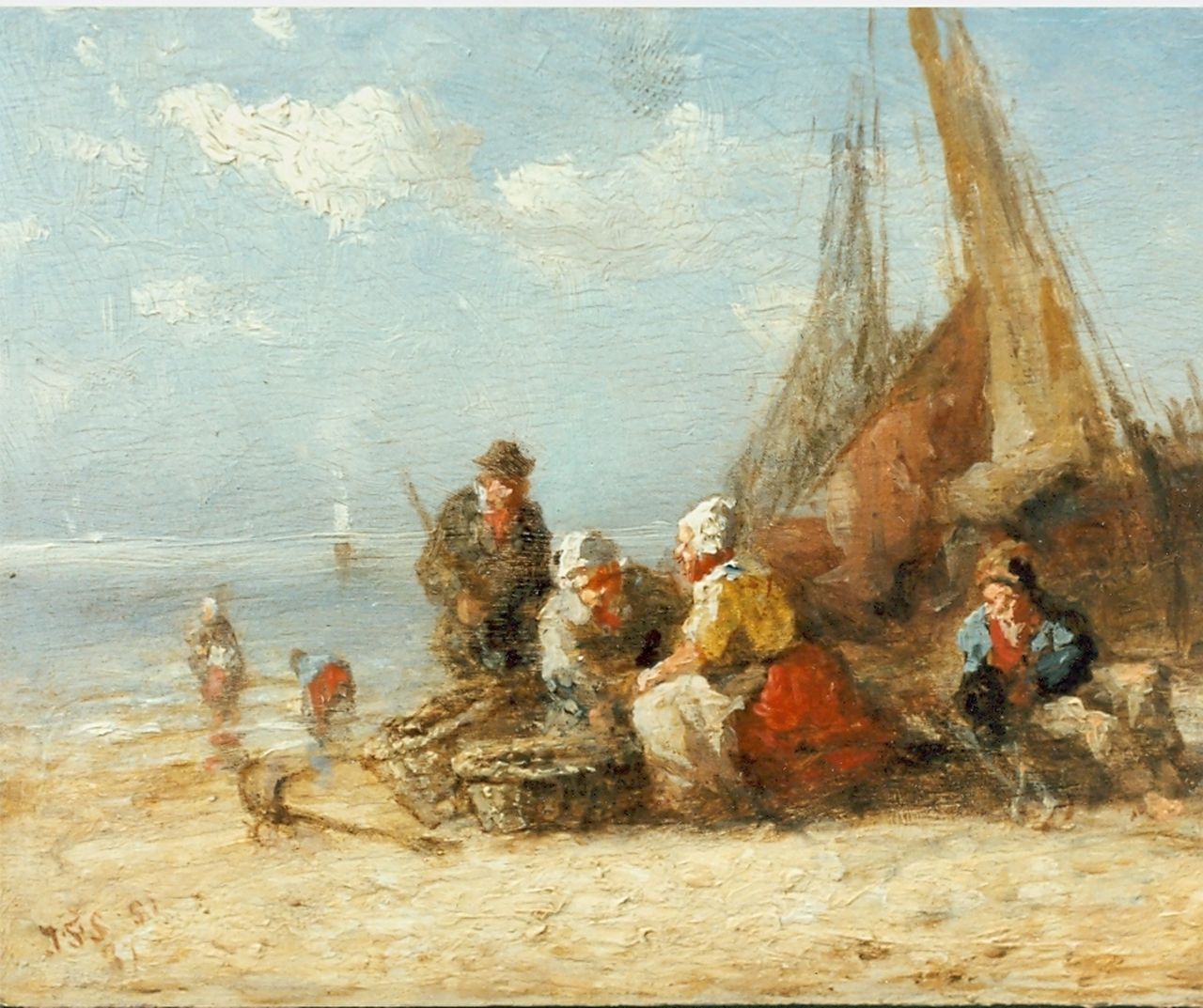 Schütz J.F. | Jan Frederik Schütz, Vissers op het strand, olieverf op paneel 10,0 x 12,4 cm, gesigneerd linksonder monogram en gedateerd '37 Schütz J.F. | Jan Frederik Schütz, Vissers op het strand, olieverf op paneel 10,0 x 12,4 cm, gesigneerd linksonder monogram en gedateerd '37