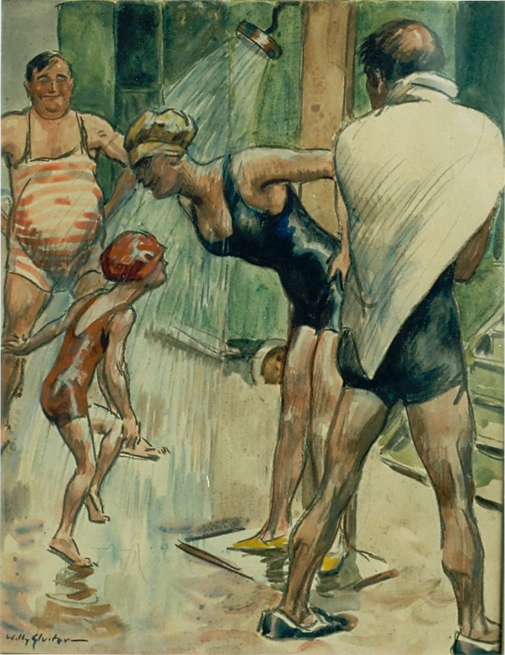 Sluiter J.W. | Jan Willem 'Willy' Sluiter, Een koude douche, gemengde techniek op papier 48,0 x 37,0 cm, gesigneerd linksonder Sluiter J.W. | Jan Willem 'Willy' Sluiter, Een koude douche, gemengde techniek op papier 48,0 x 37,0 cm, gesigneerd linksonder