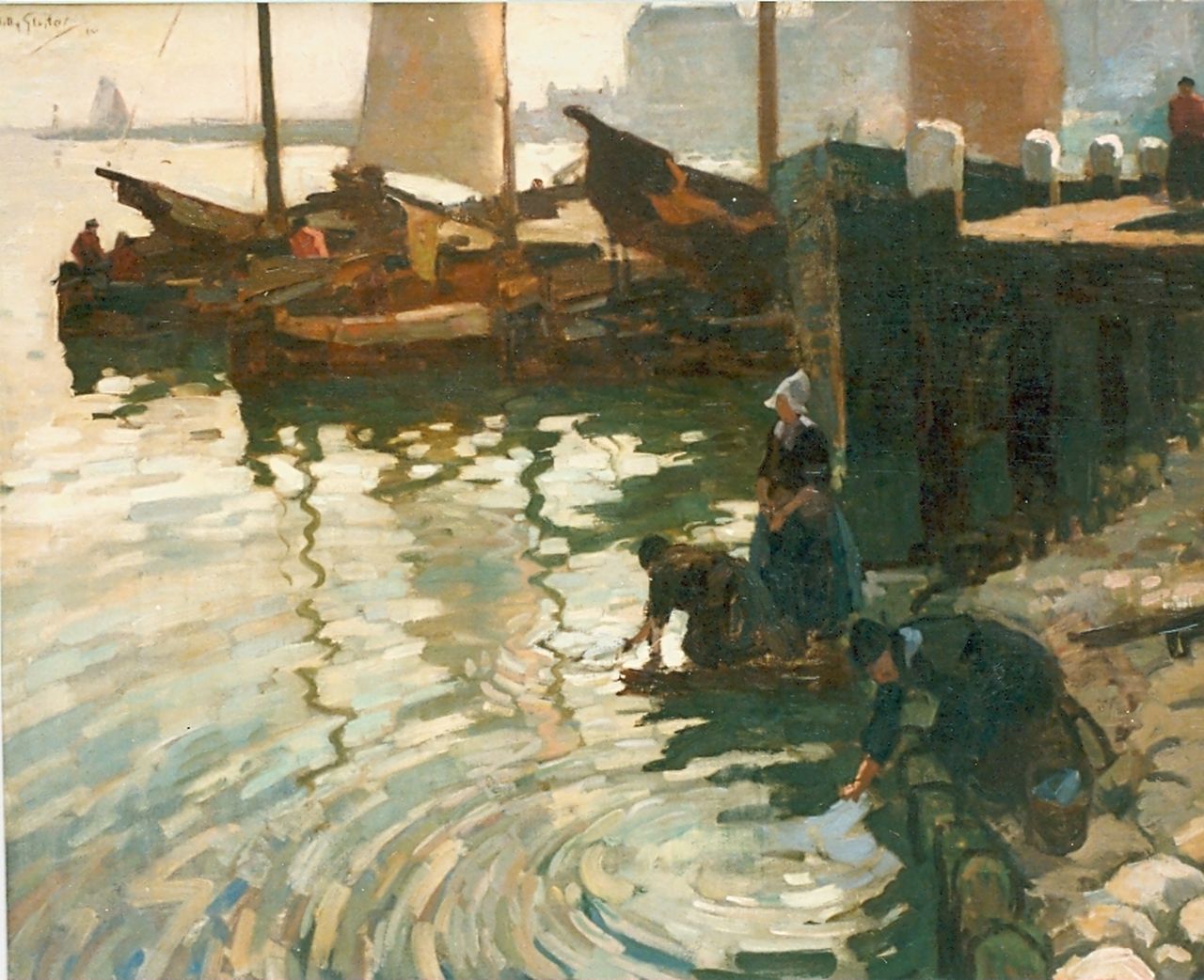 Sluiter J.W.  | Jan Willem 'Willy' Sluiter, Wassende vrouwen aan de haven van Volendam, olieverf op doek 80,5 x 100,0 cm, gesigneerd linksonder en gedateerd '10