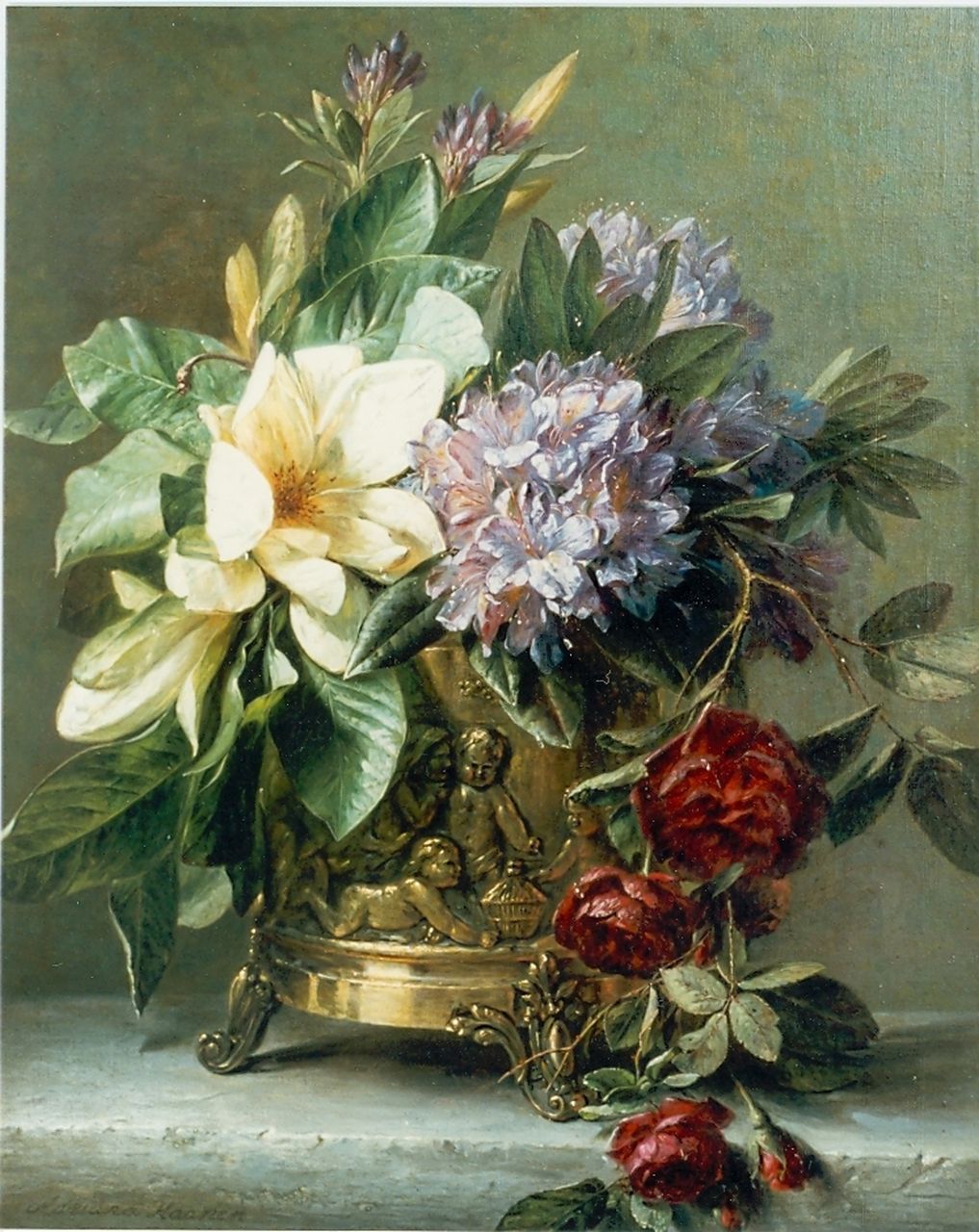 Haanen A.J. | 'Adriana' Johanna Haanen, Bloemen in een antieke koperen pot, olieverf op doek 63,6 x 50,8 cm, gesigneerd linksonder Haanen A.J. | 'Adriana' Johanna Haanen, Bloemen in een antieke koperen pot, olieverf op doek 63,6 x 50,8 cm, gesigneerd linksonder