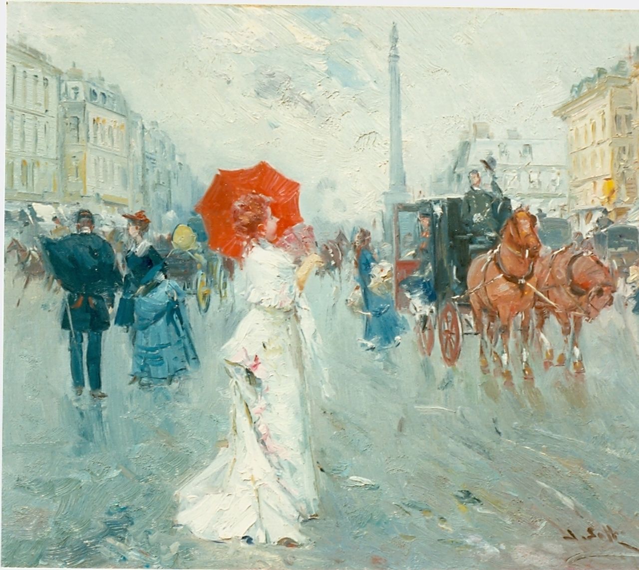 Soler J. | Juan Soler, Parijs straatbeeld, olieverf op paneel 38,0 x 46,0 cm, gesigneerd rechtsonder Soler J. | Juan Soler, Parijs straatbeeld, olieverf op paneel 38,0 x 46,0 cm, gesigneerd rechtsonder