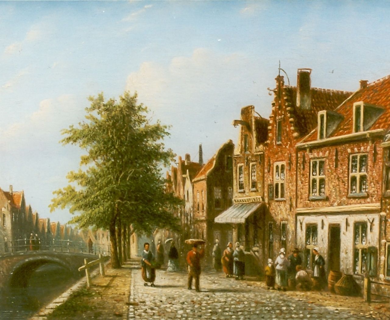 Spohler J.F. | Johannes Franciscus Spohler, Haarlems stadsgezichtje met kaaskoperij, olieverf op paneel 15,5 x 20,5 cm, gesigneerd rechtsonder Spohler J.F. | Johannes Franciscus Spohler, Haarlems stadsgezichtje met kaaskoperij, olieverf op paneel 15,5 x 20,5 cm, gesigneerd rechtsonder