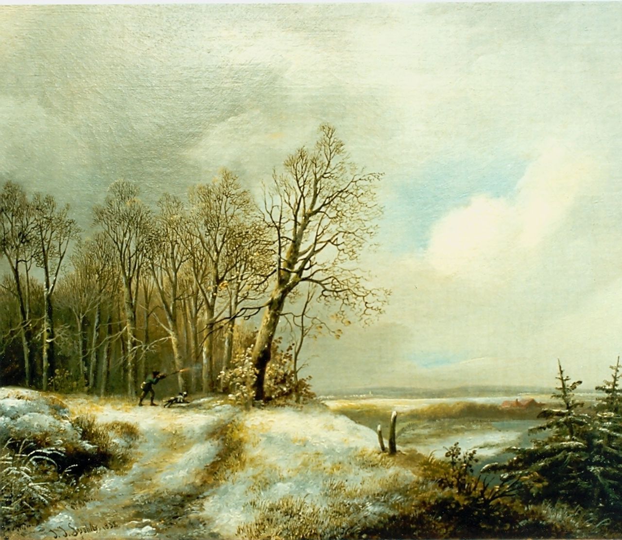 Spohler J.J. | Jan Jacob Spohler, Het schot van de jager, olieverf op doek 26,7 x 33,6 cm, gesigneerd linksonder en gedateerd 1835 Spohler J.J. | Jan Jacob Spohler, Het schot van de jager, olieverf op doek 26,7 x 33,6 cm, gesigneerd linksonder en gedateerd 1835