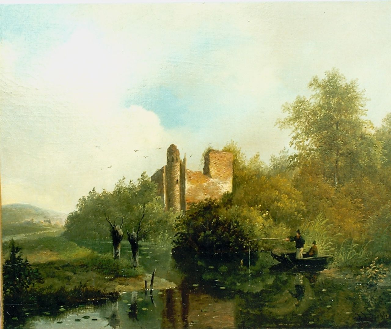 Spohler J.J. | Jan Jacob Spohler, Hengelaars in een romantisch zomerlandschap, olieverf op doek 26,7 x 33,7 cm, gesigneerd rechtsonder en gedateerd 1835 Spohler J.J. | Jan Jacob Spohler, Hengelaars in een romantisch zomerlandschap, olieverf op doek 26,7 x 33,7 cm, gesigneerd rechtsonder en gedateerd 1835