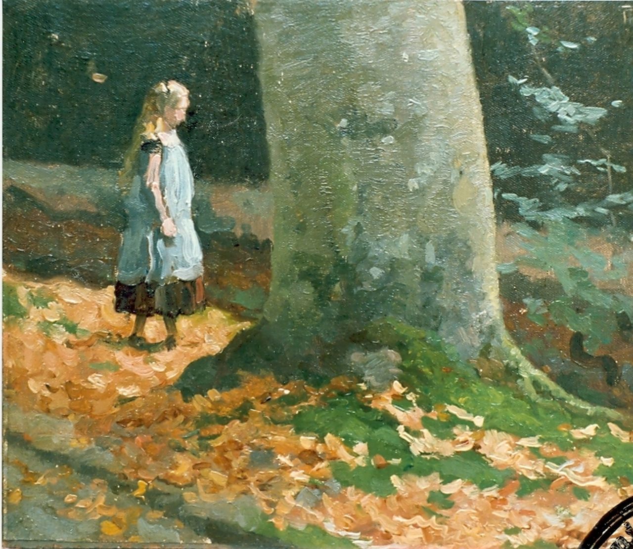 Tholen W.B. | Willem Bastiaan Tholen, Jong meisje in het bos, olieverf op doek op paneel 21,3 x 26,2 cm, gesigneerd rechtsboven Tholen W.B. | Willem Bastiaan Tholen, Jong meisje in het bos, olieverf op doek op paneel 21,3 x 26,2 cm, gesigneerd rechtsboven