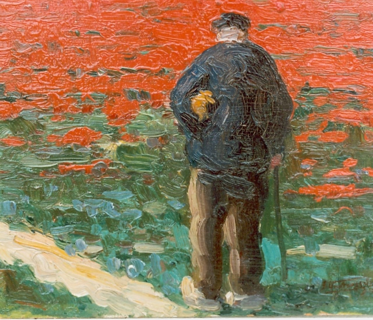 Tongerloo F. van | Frans van Tongerloo, Boer in bollenveld, olieverf op paneel 16,0 x 22,5 cm, gesigneerd rechtsonder Tongerloo F. van | Frans van Tongerloo, Boer in bollenveld, olieverf op paneel 16,0 x 22,5 cm, gesigneerd rechtsonder