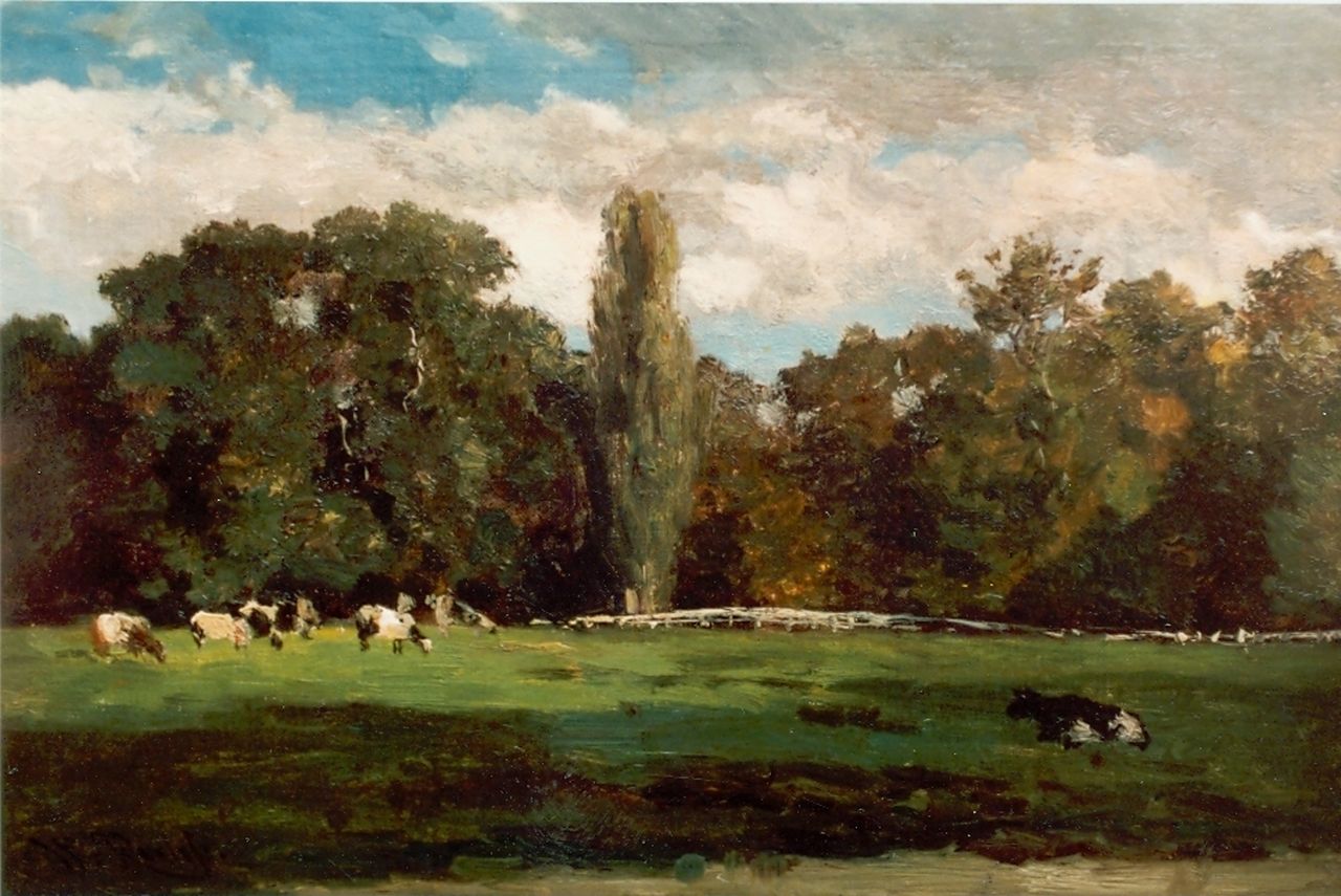 Roelofs W. | Willem Roelofs, Weiland met koeien in Voorn, Utrecht, olieverf op doek op paneel 25,7 x 40,5 cm, gesigneerd linksonder Roelofs W. | Willem Roelofs, Weiland met koeien in Voorn, Utrecht, olieverf op doek op paneel 25,7 x 40,5 cm, gesigneerd linksonder