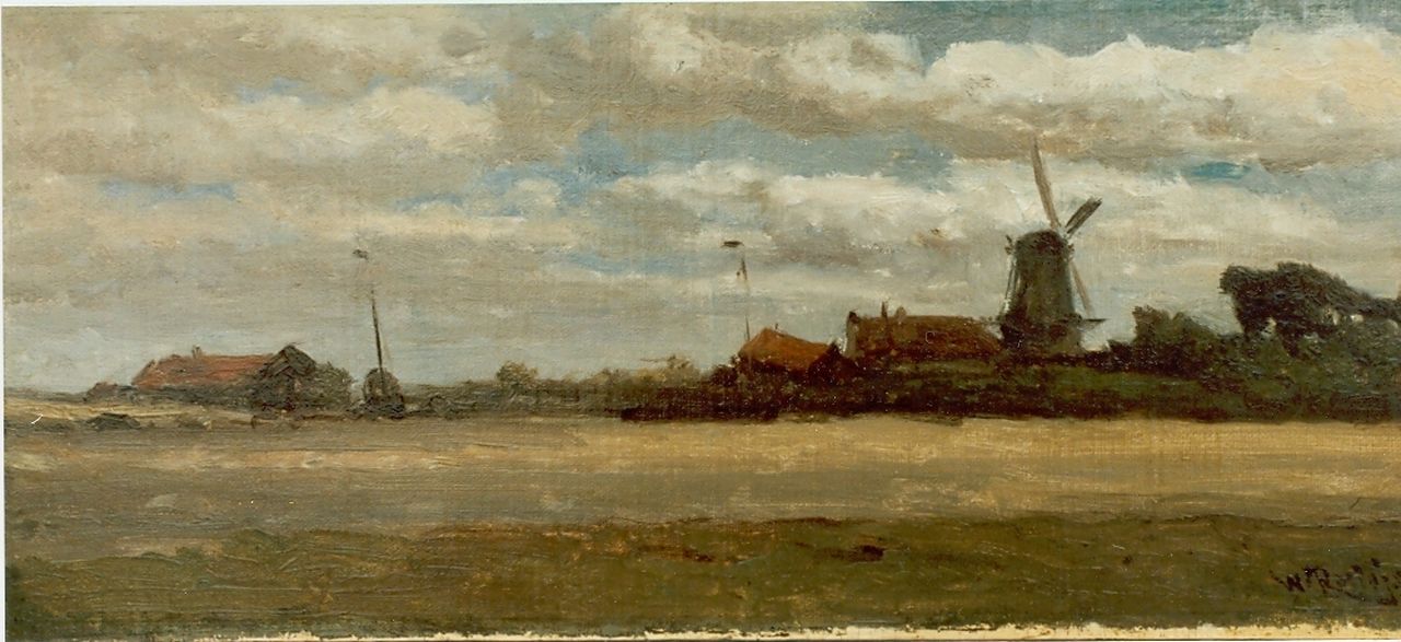 Roelofs W. | Willem Roelofs, Dorpje aan een vaart, olieverf op doek op paneel 16,8 x 38,5 cm, gesigneerd rechtsonder Roelofs W. | Willem Roelofs, Dorpje aan een vaart, olieverf op doek op paneel 16,8 x 38,5 cm, gesigneerd rechtsonder