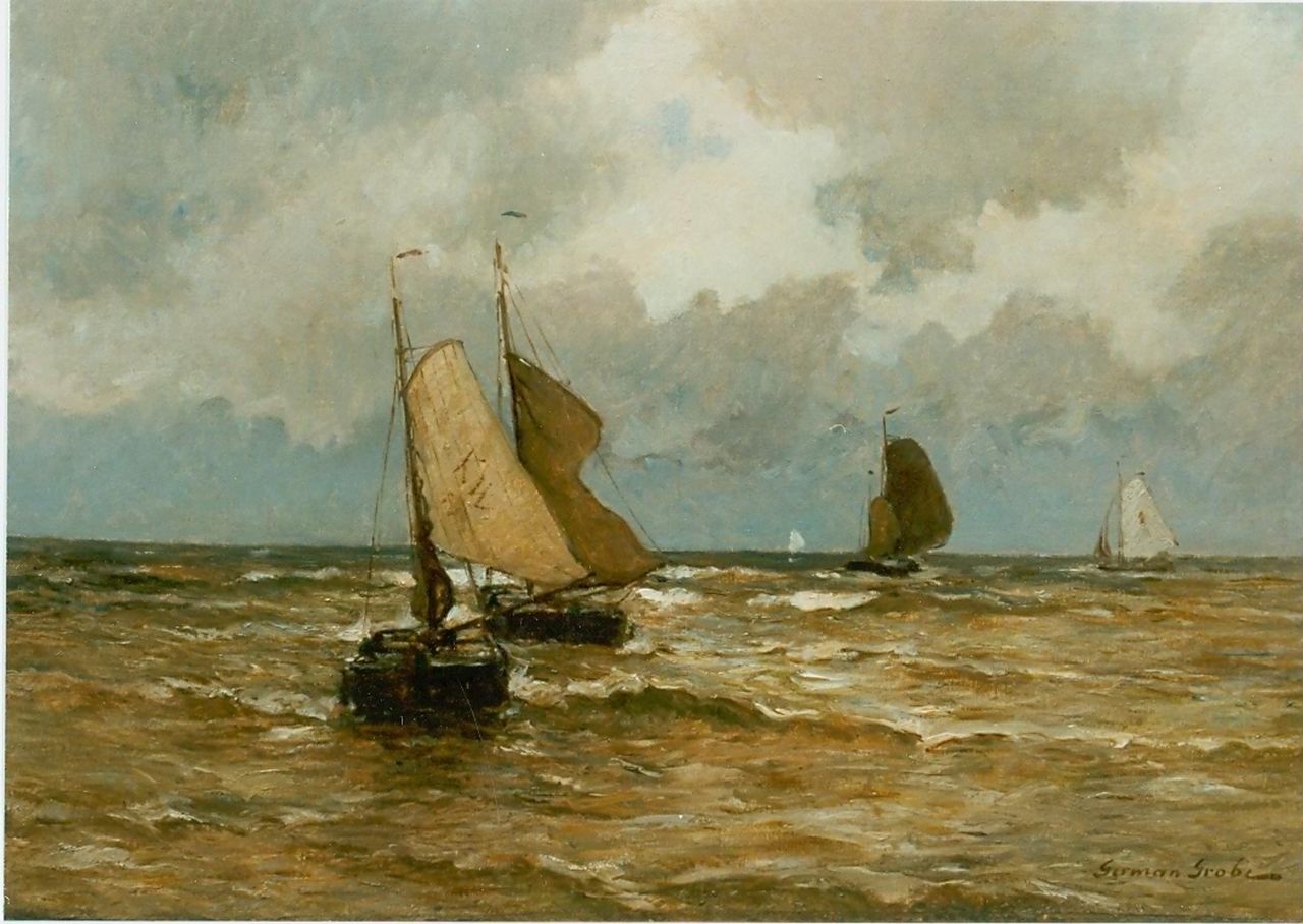 Grobe P.G. | Philipp 'German' Grobe, Katwijkse pinken voor de kust, olieverf op doek 60,0 x 80,0 cm, gesigneerd rechtsonder Grobe P.G. | Philipp 'German' Grobe, Katwijkse pinken voor de kust, olieverf op doek 60,0 x 80,0 cm, gesigneerd rechtsonder