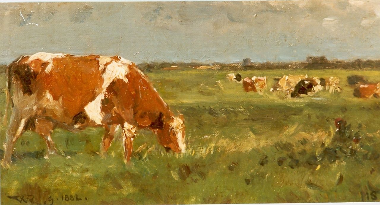 Roelofs W. | Willem Roelofs, Weidelandschap met koeien, olieverf op paneel 11,2 x 20,4 cm, gesigneerd rechtsonder en linksonder en gedateerd 1882 Roelofs W. | Willem Roelofs, Weidelandschap met koeien, olieverf op paneel 11,2 x 20,4 cm, gesigneerd rechtsonder en linksonder en gedateerd 1882