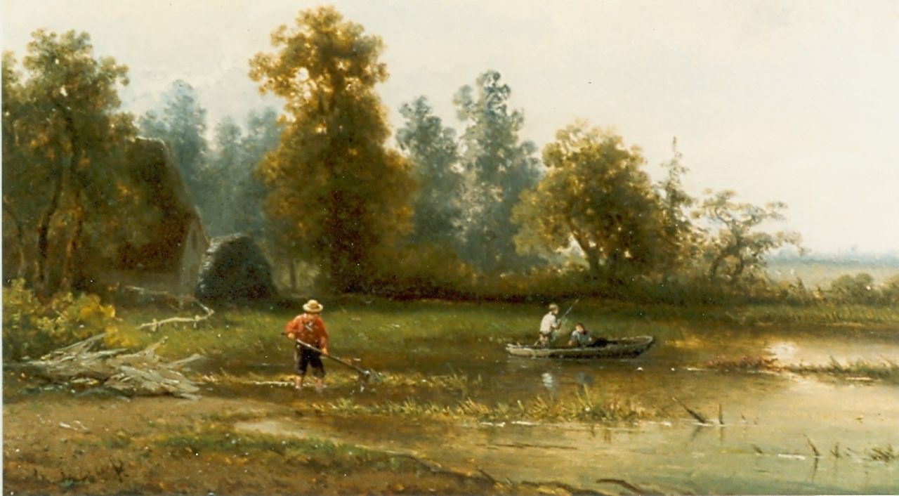 Meiners C.H. | Claas Hendrik Meiners, Boerenvissers bij een bosven, olieverf op paneel 25,0 x 35,5 cm, gesigneerd linksonder Meiners C.H. | Claas Hendrik Meiners, Boerenvissers bij een bosven, olieverf op paneel 25,0 x 35,5 cm, gesigneerd linksonder