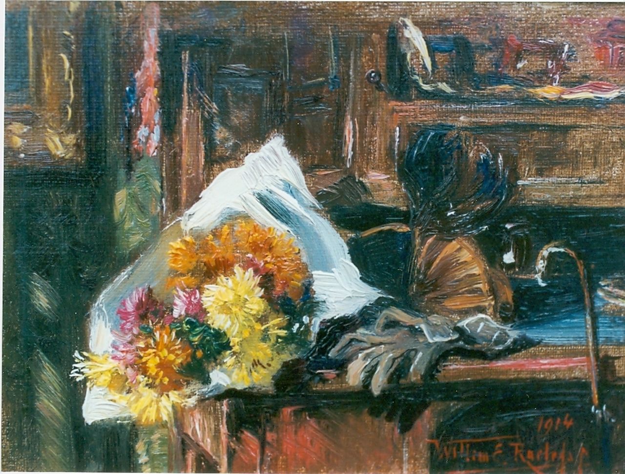 Roelofs jr. W.E. | Willem Elisa Roelofs jr., Stilleven met chrysanten en handschoenen, olieverf op doek op paneel 13,0 x 18,0 cm, gesigneerd rechtsonder en gedateerd 1914 Roelofs jr. W.E. | Willem Elisa Roelofs jr., Stilleven met chrysanten en handschoenen, olieverf op doek op paneel 13,0 x 18,0 cm, gesigneerd rechtsonder en gedateerd 1914