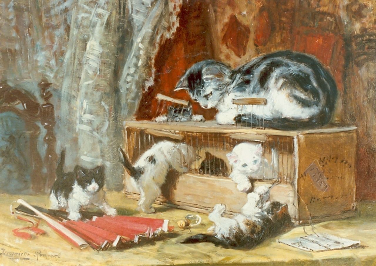 Ronner-Knip H. | Henriette Ronner-Knip, Spelende katten, olieverf op doek op paneel 34,0 x 50,0 cm, gesigneerd linksonder Ronner-Knip H. | Henriette Ronner-Knip, Spelende katten, olieverf op doek op paneel 34,0 x 50,0 cm, gesigneerd linksonder