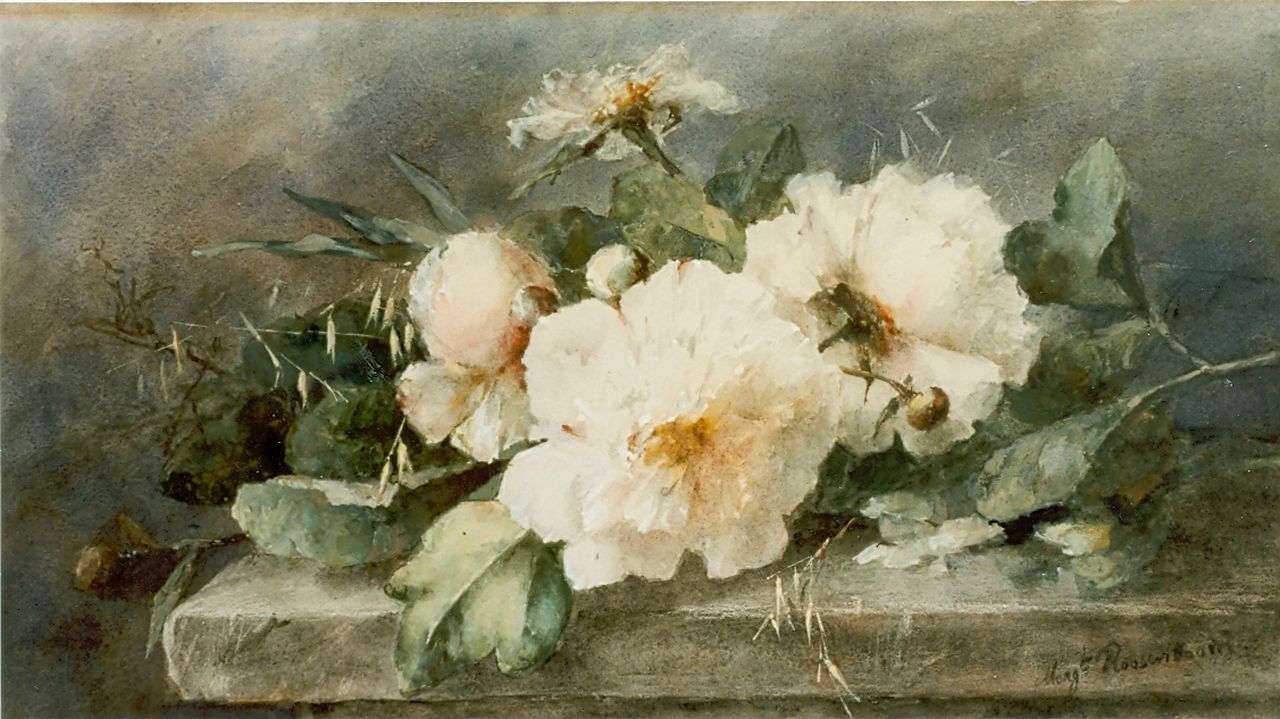Roosenboom M.C.J.W.H.  | 'Margaretha' Cornelia Johanna Wilhelmina Henriëtta Roosenboom, Pioenrozen op stenen tafel, aquarel op papier 39,5 x 74,5 cm, gesigneerd rechtsonder
